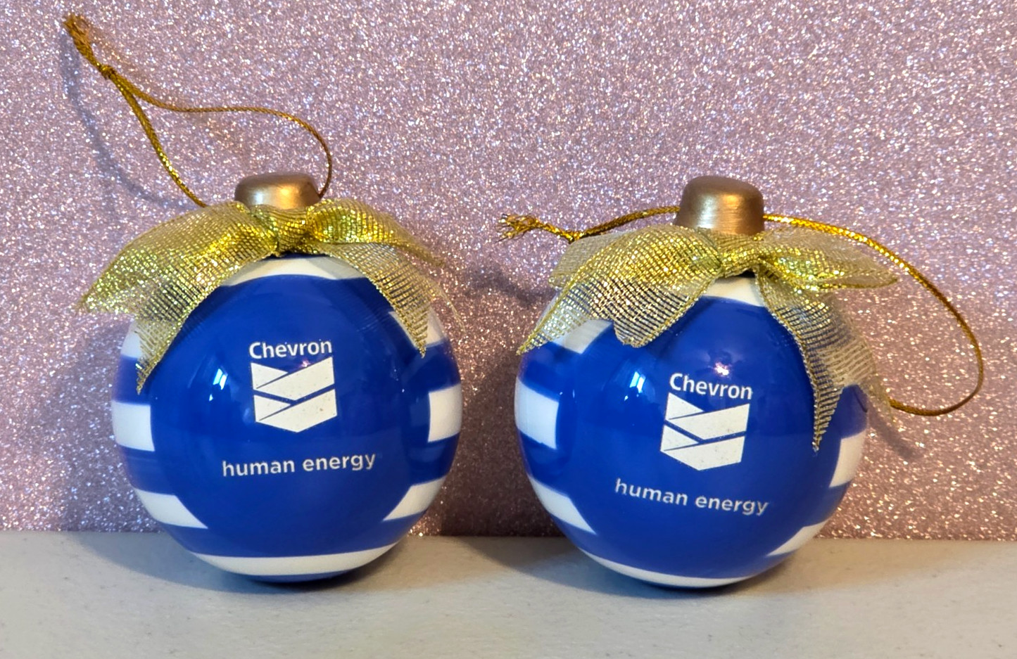 2 Chevron Human Energy Oil Company Blue & White Ceramic Ball Ornaments 3\