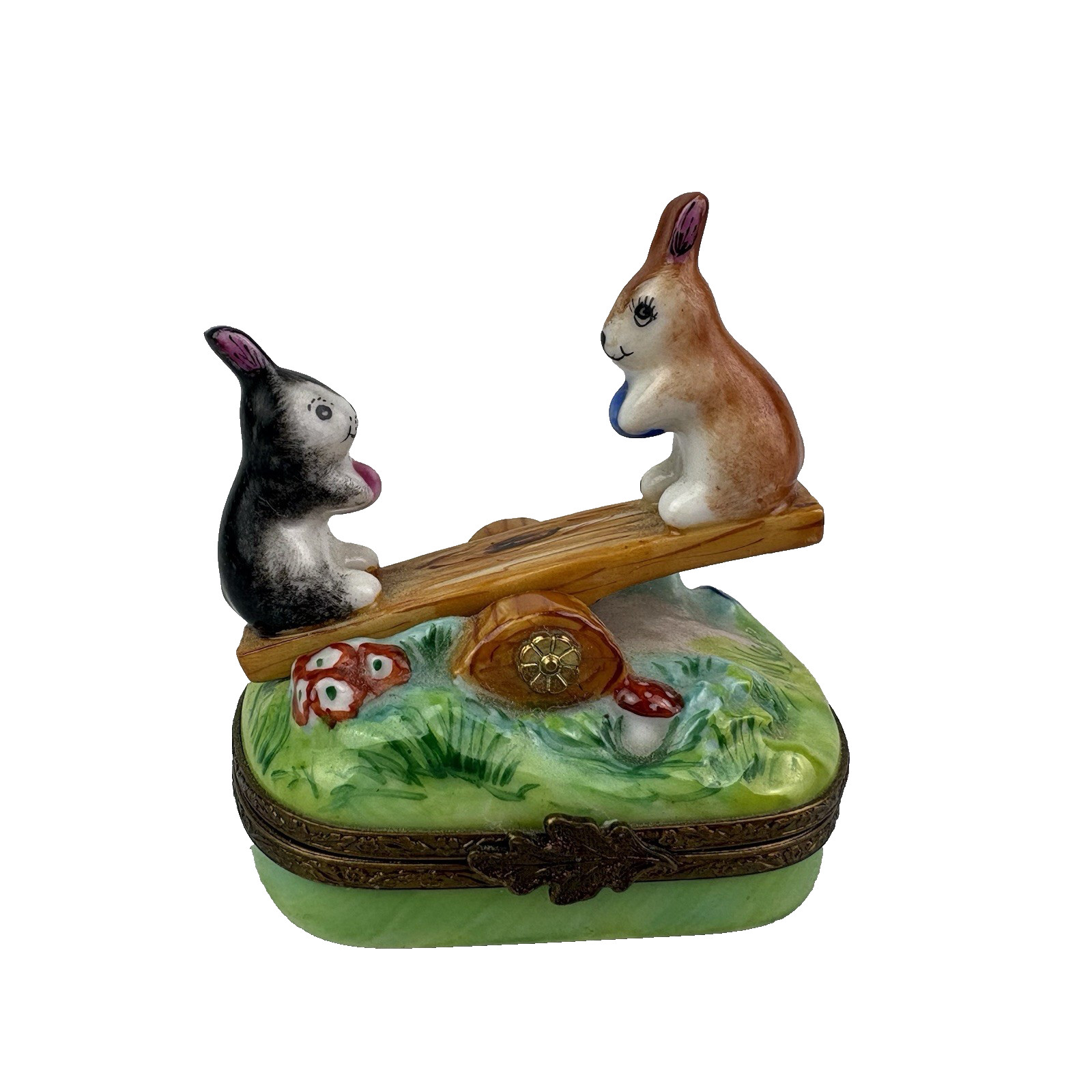 Limoges Bunny Rabbit on Seesaw Trinket Box Peint Main France Original EUC