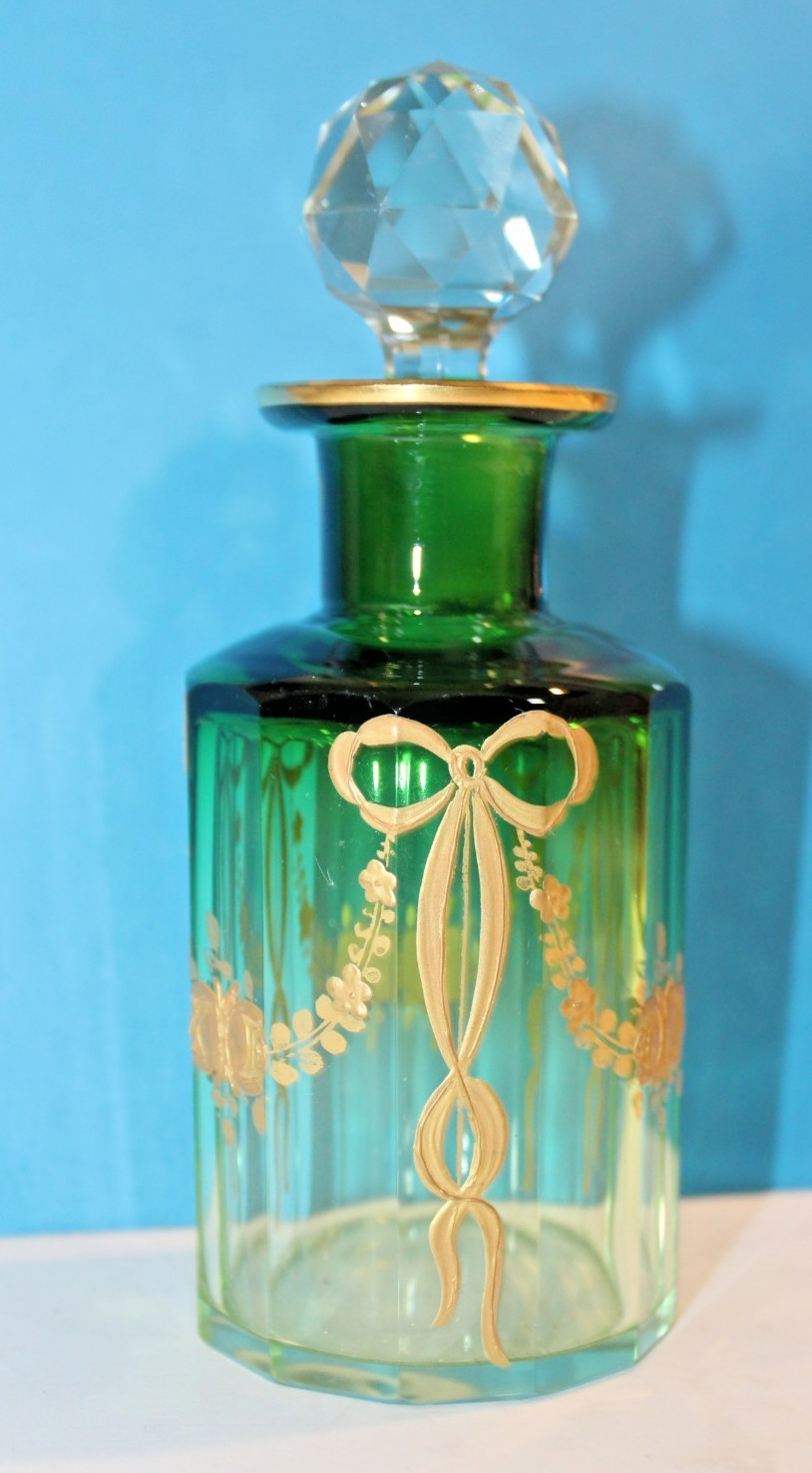 Antique Baccarat Green Gilt Crystal Perfume Bottle Faceted Stopper 6