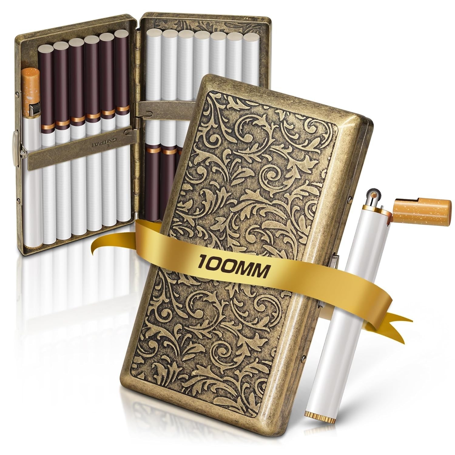 X-LIGHTER Vintage Cigarette Case with Lighter for 100's, Smell Proof, Retro Meta