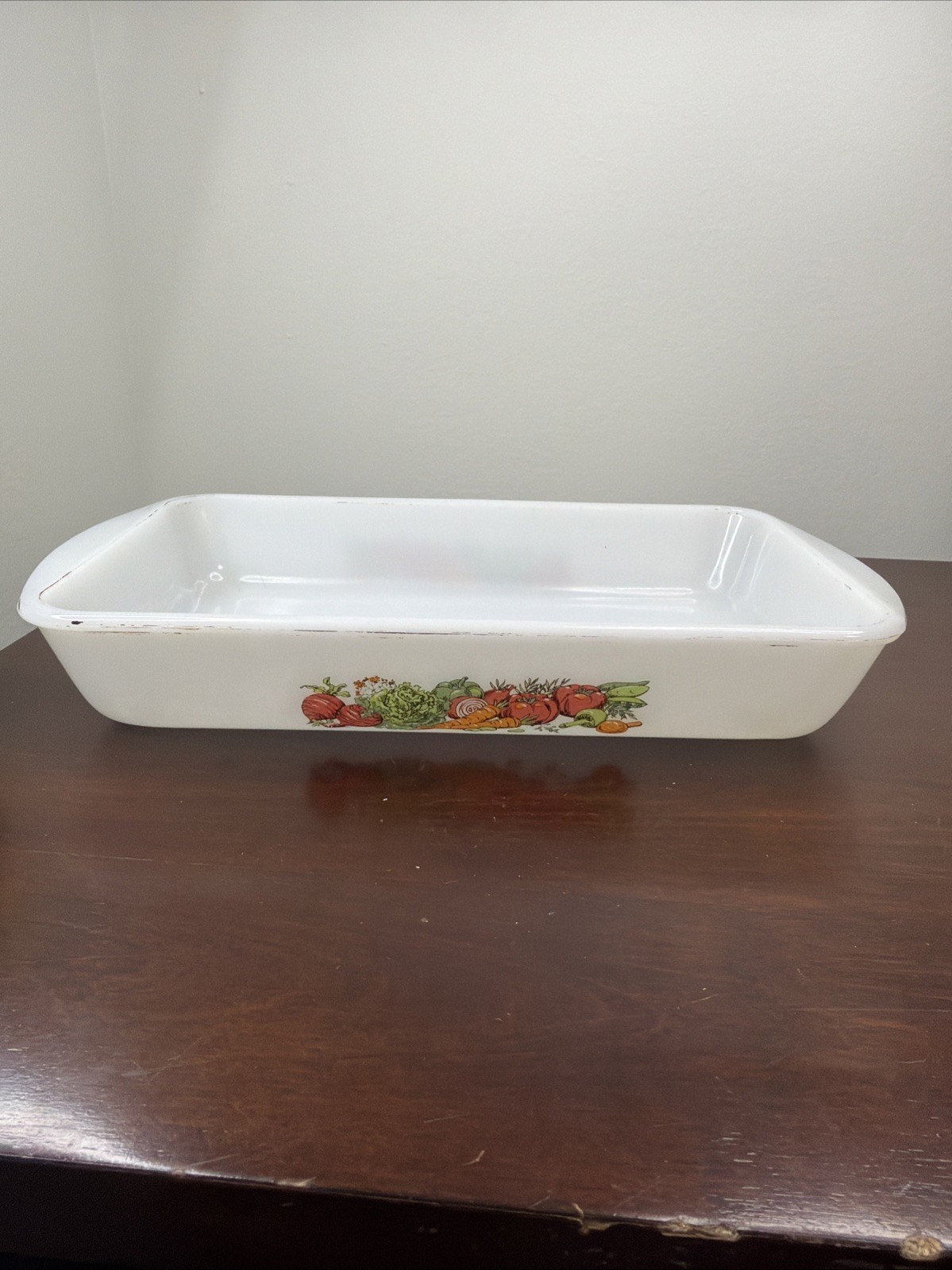 Vintage Glasbake Milk Glass Garden Vegetable Harvest 1.5 Qt Loaf Dish Pan Retro