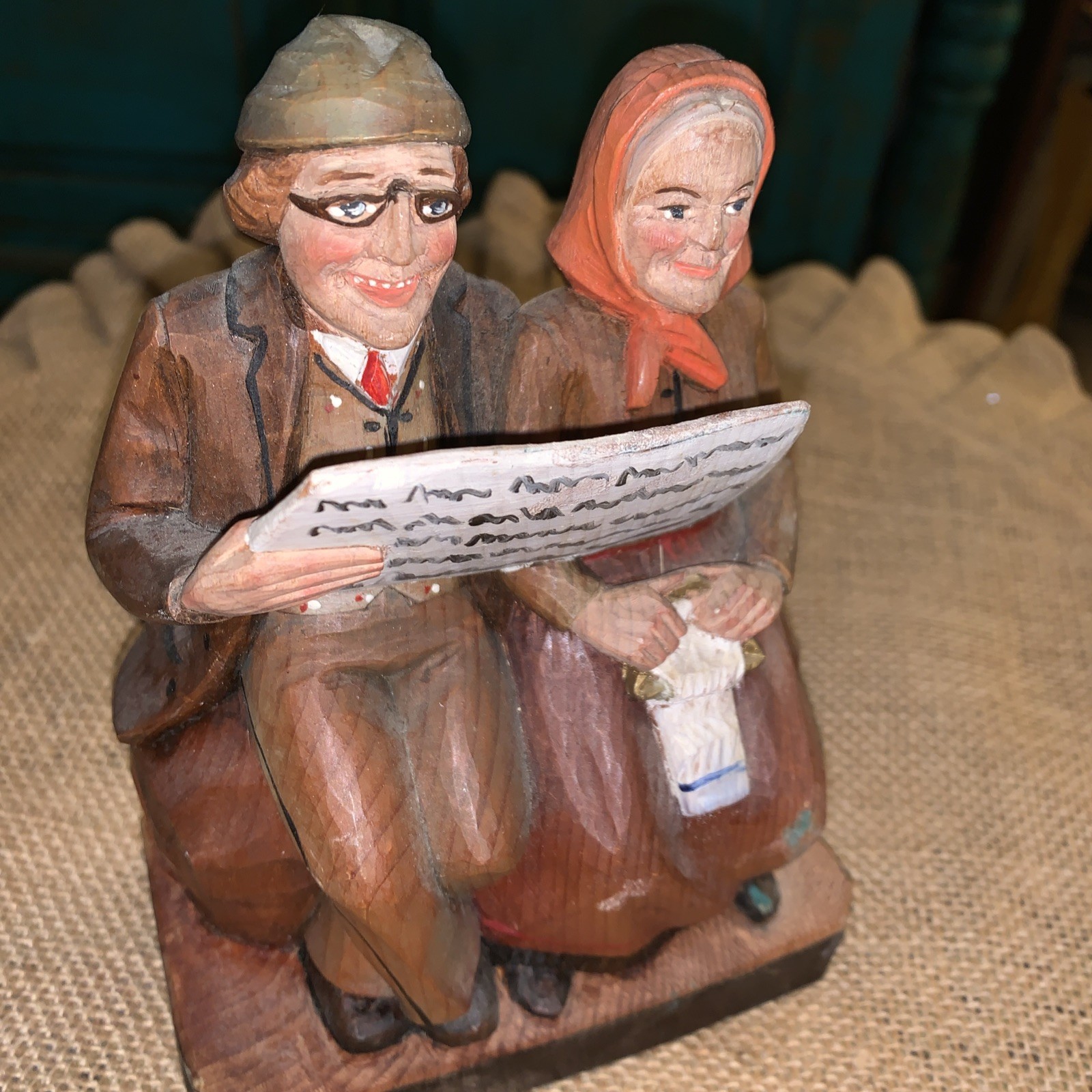 Jobin Vintage Hand-Carved Wooden Carving Old Couple On Bench
