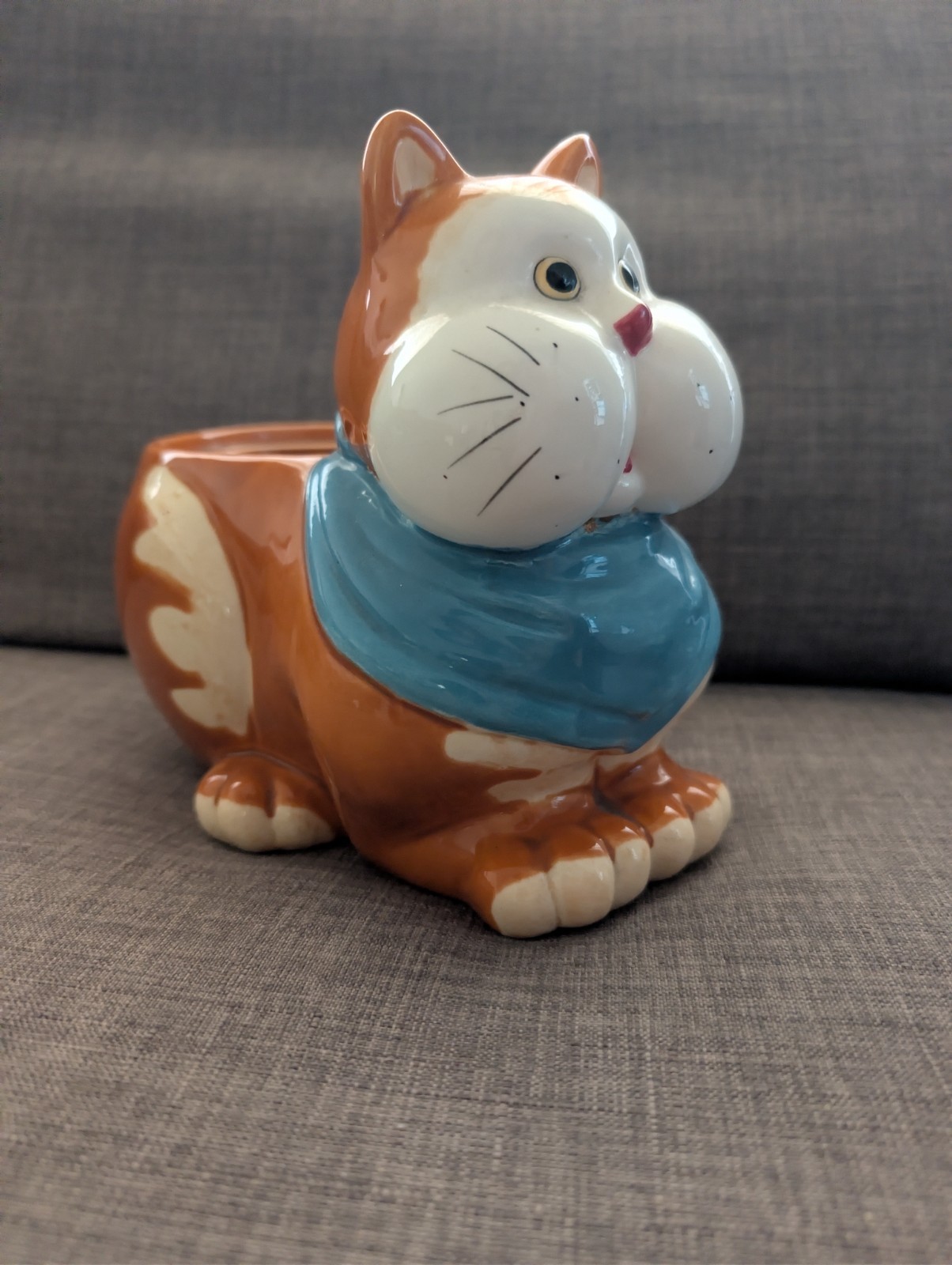 VINTAGE Orange Cat Cookie Jar Fat Cheeks Blue Bandana Whimsical Kitchen Decor