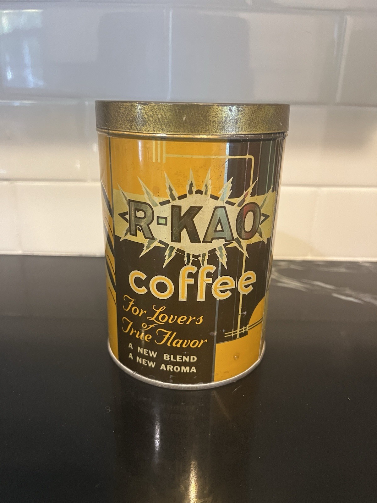 Vintage R-KAO Coffee Tin 1 lb Can Art Deco Yellow Brown Graphic Litho