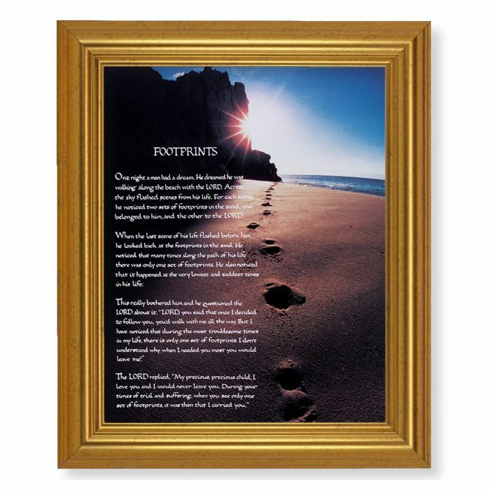 Footprints in the Sand, 12 inch x 10 inch print with Gold Frame 
