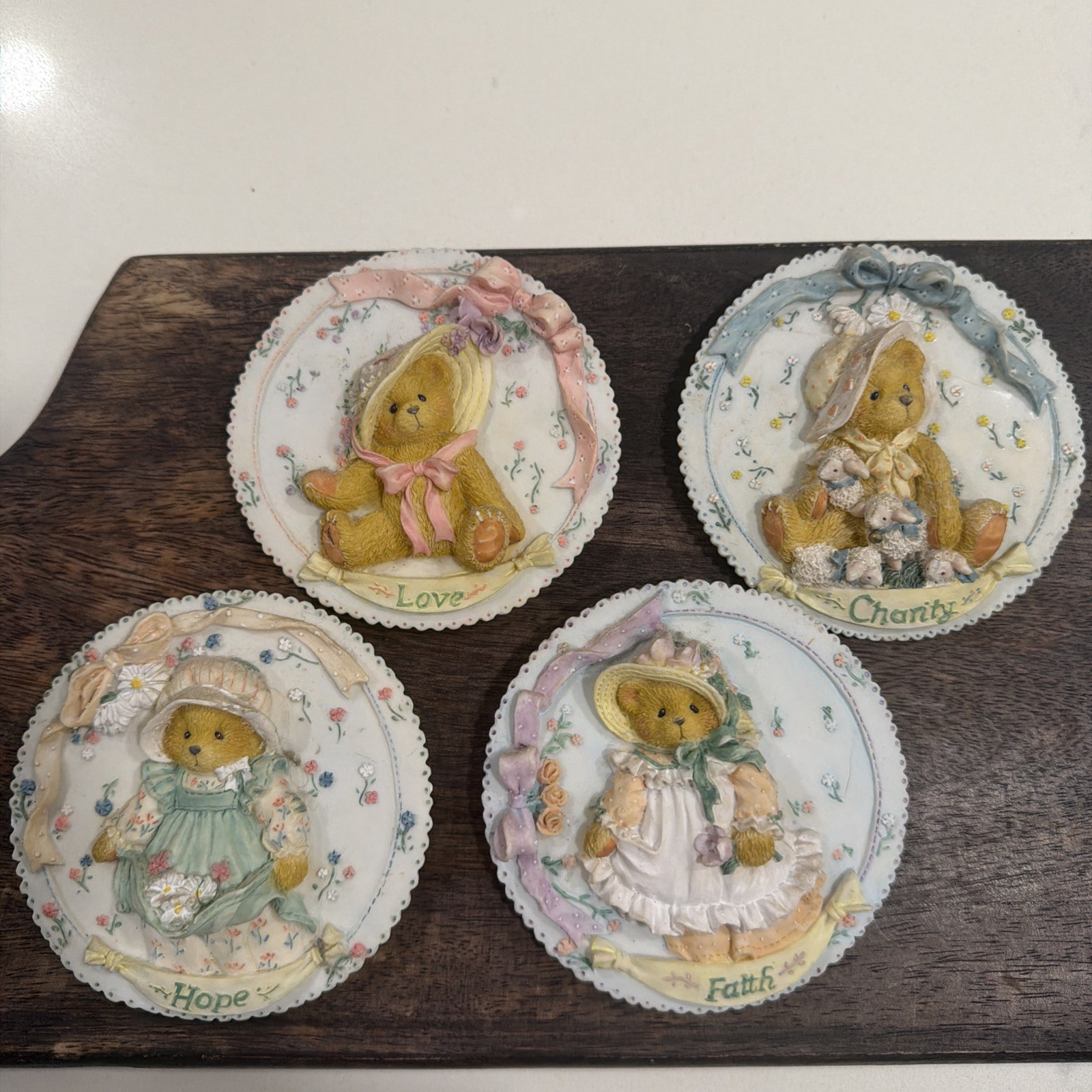 Vintage 1994 Cherished Teddies Wall Plaques: Love-Faith-Hope-Charity 