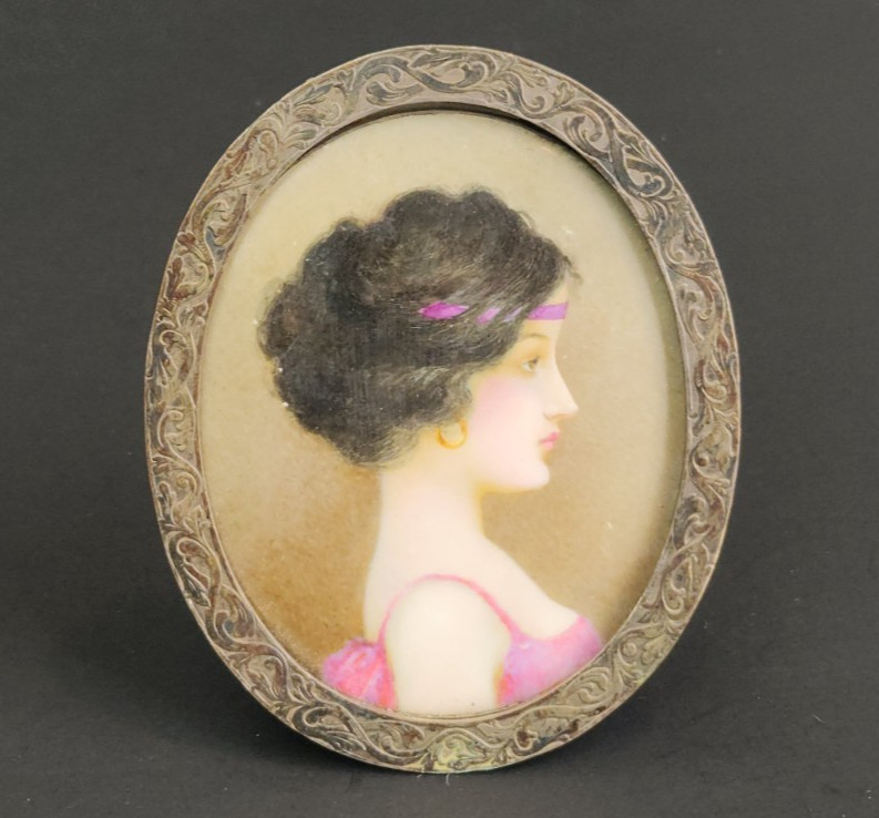 Antique Victorian Hand Painted Miniature Portrait SIGNED Silverplate Frame