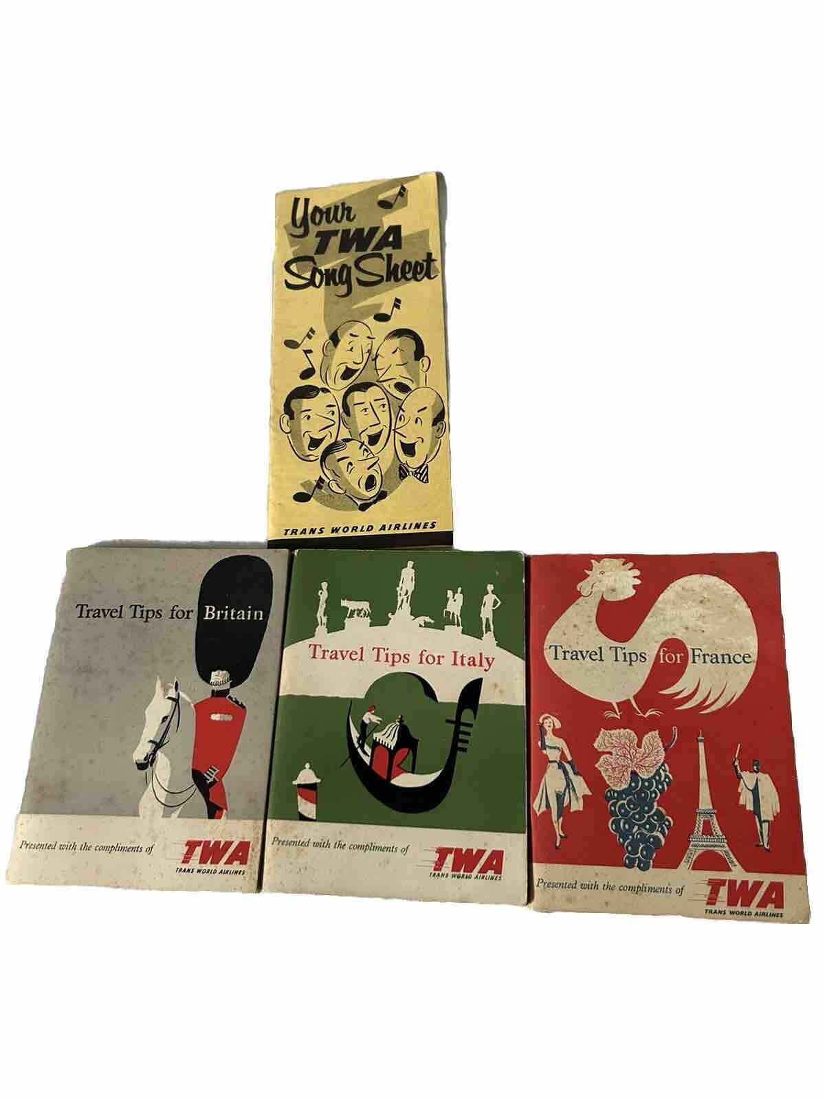 3 1950\'S TWA AIRLINES TRAVEL TIPS BOOKLETS FRANCE Britain Italy & Song Sheet