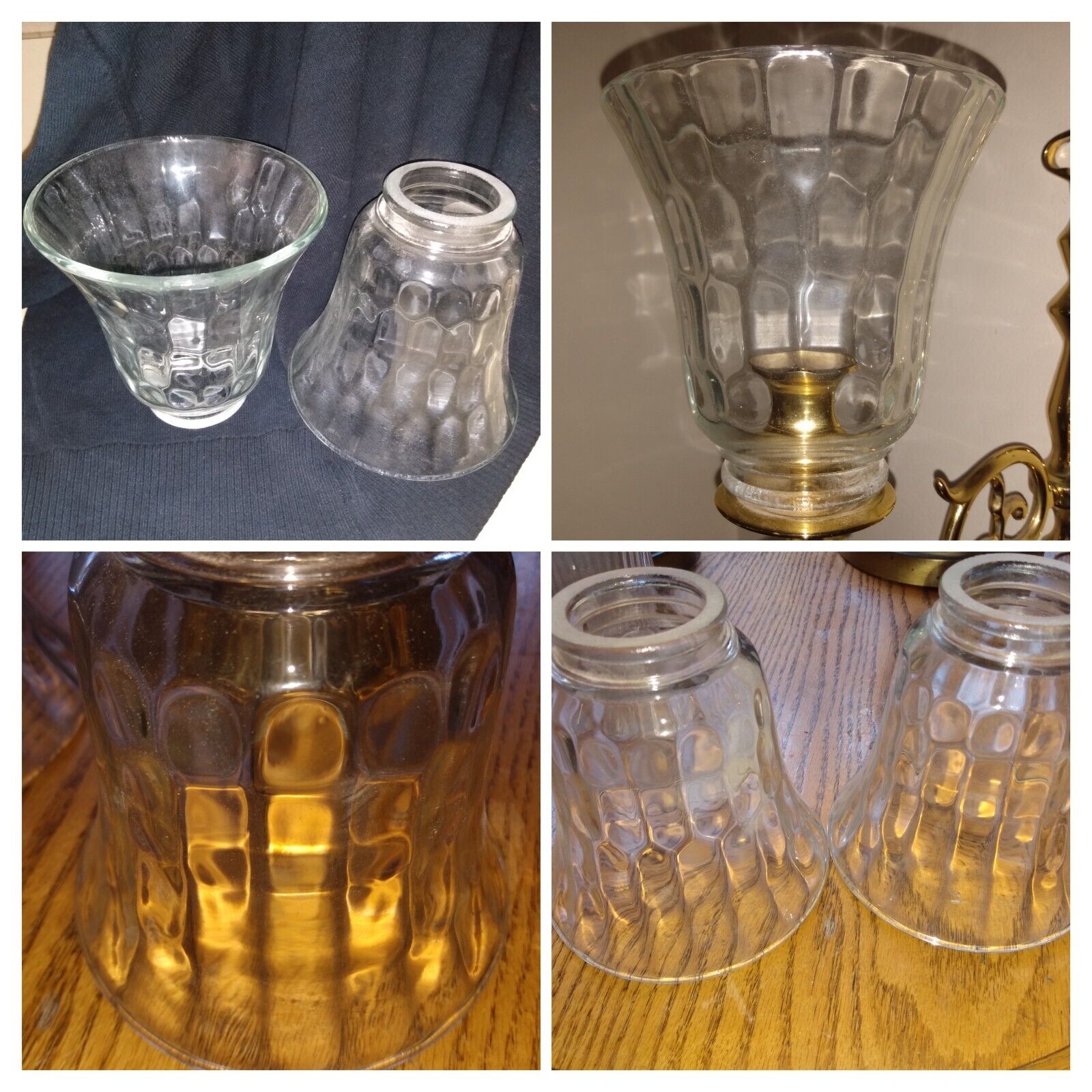 Pair Set 2 Vintage Clear Thumb Print Glass Lamp Shades  Fitter Hurricane Lamp 