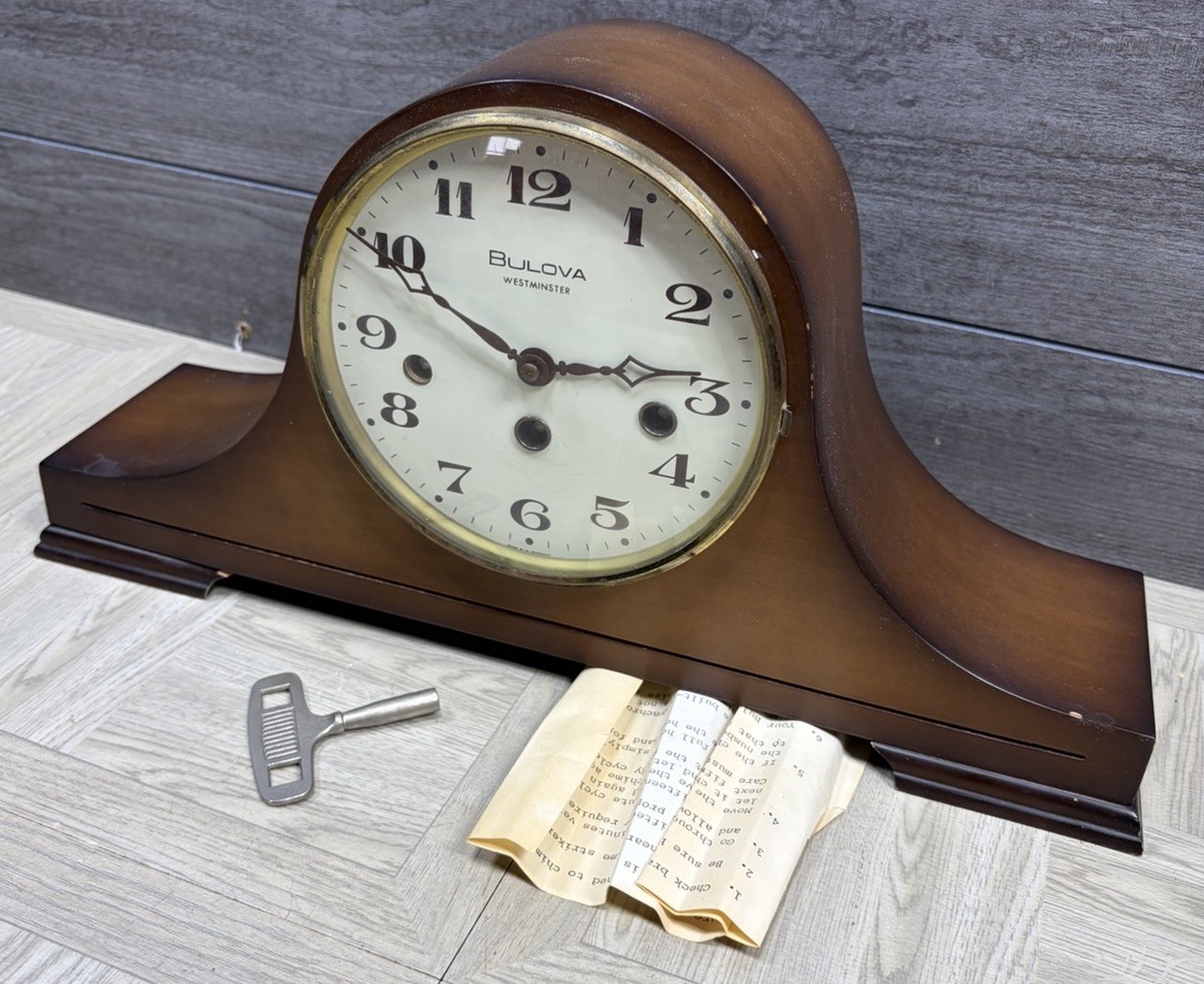 Vintage Bulova Westminster Desk Mantle Wood Clock Tested Working + Key Wooden 