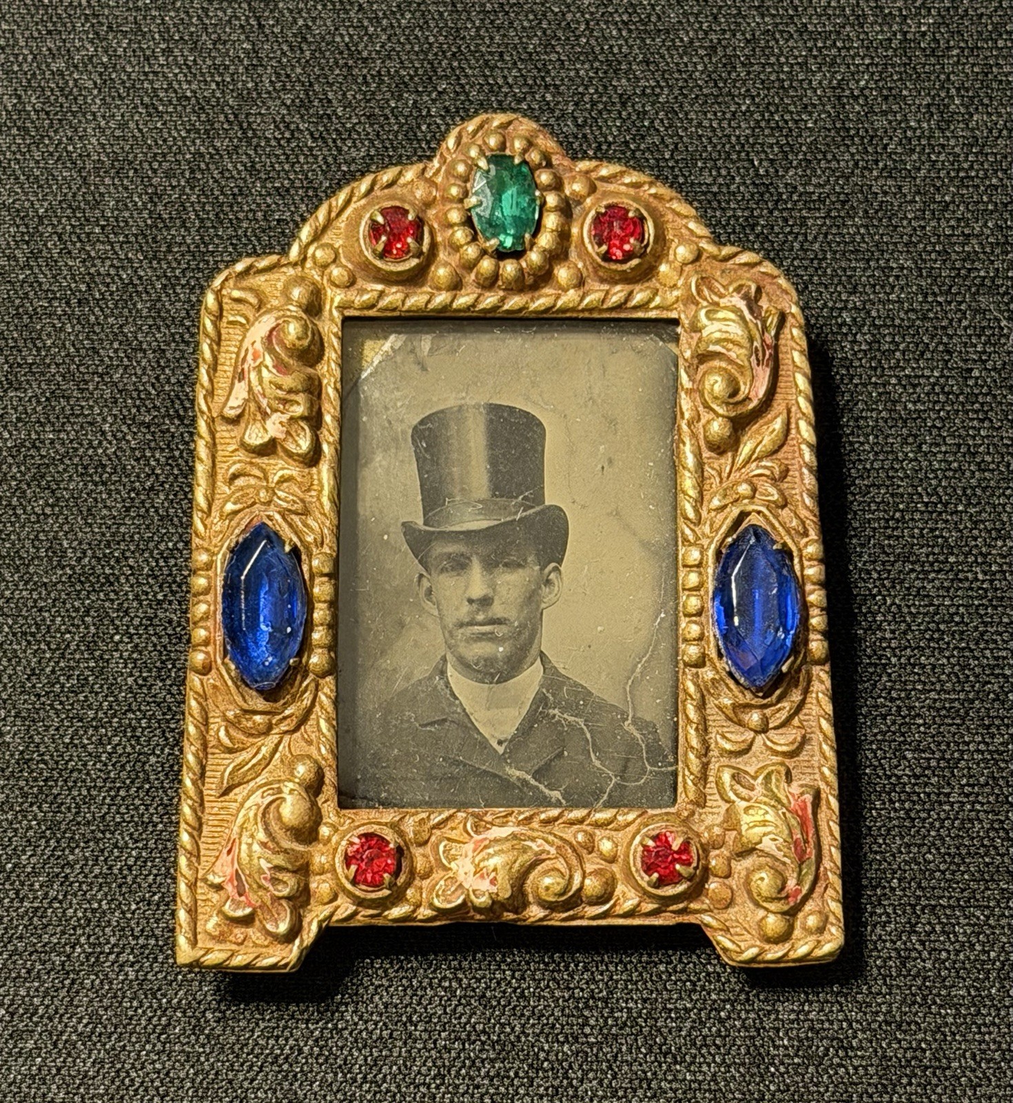 Vintage Czechoslovakia Brass Jeweled 1900s Miniature Picture Frame