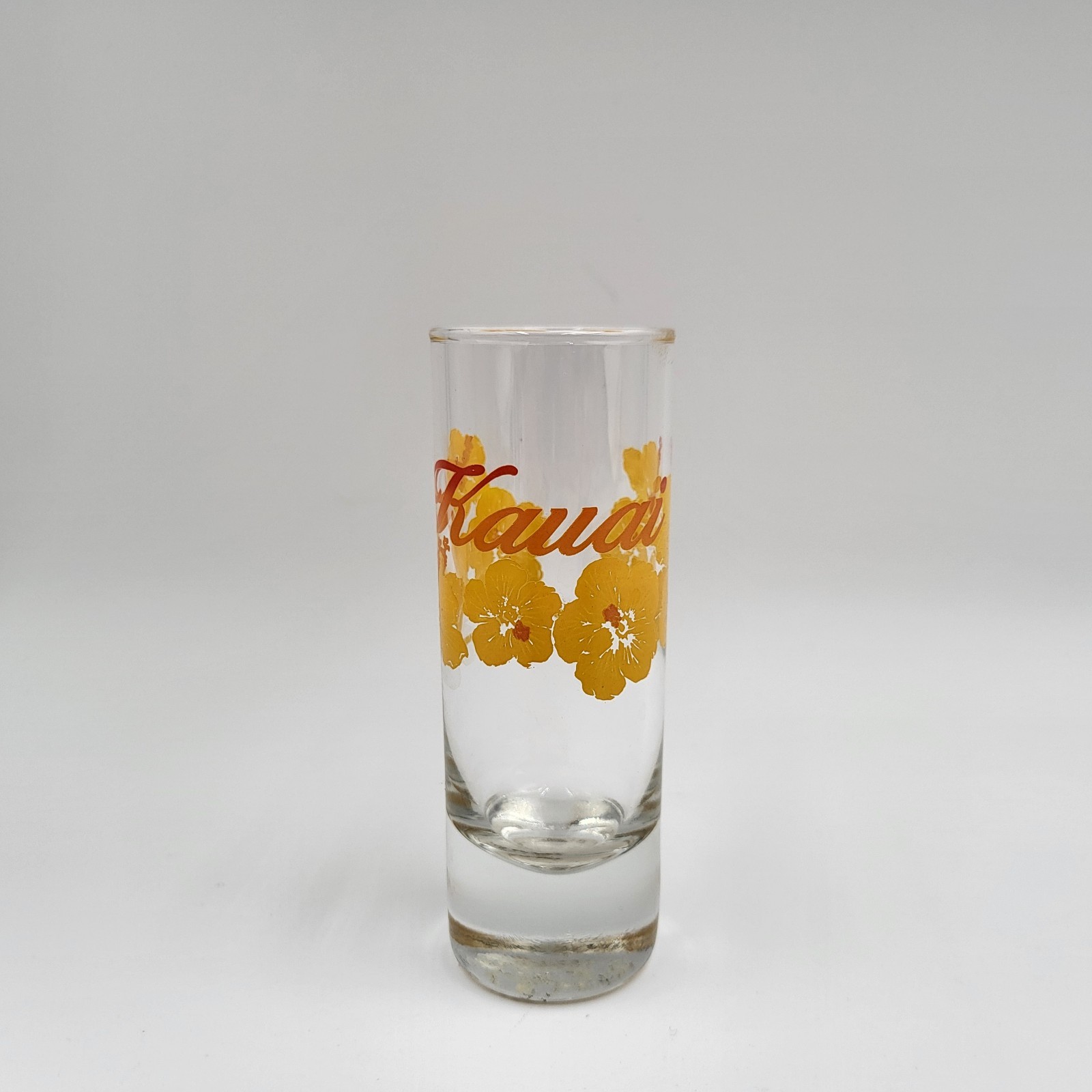 Shot Glass Souvenir Of Kauai Hawaii with Yellow Hibiscus Print 1994