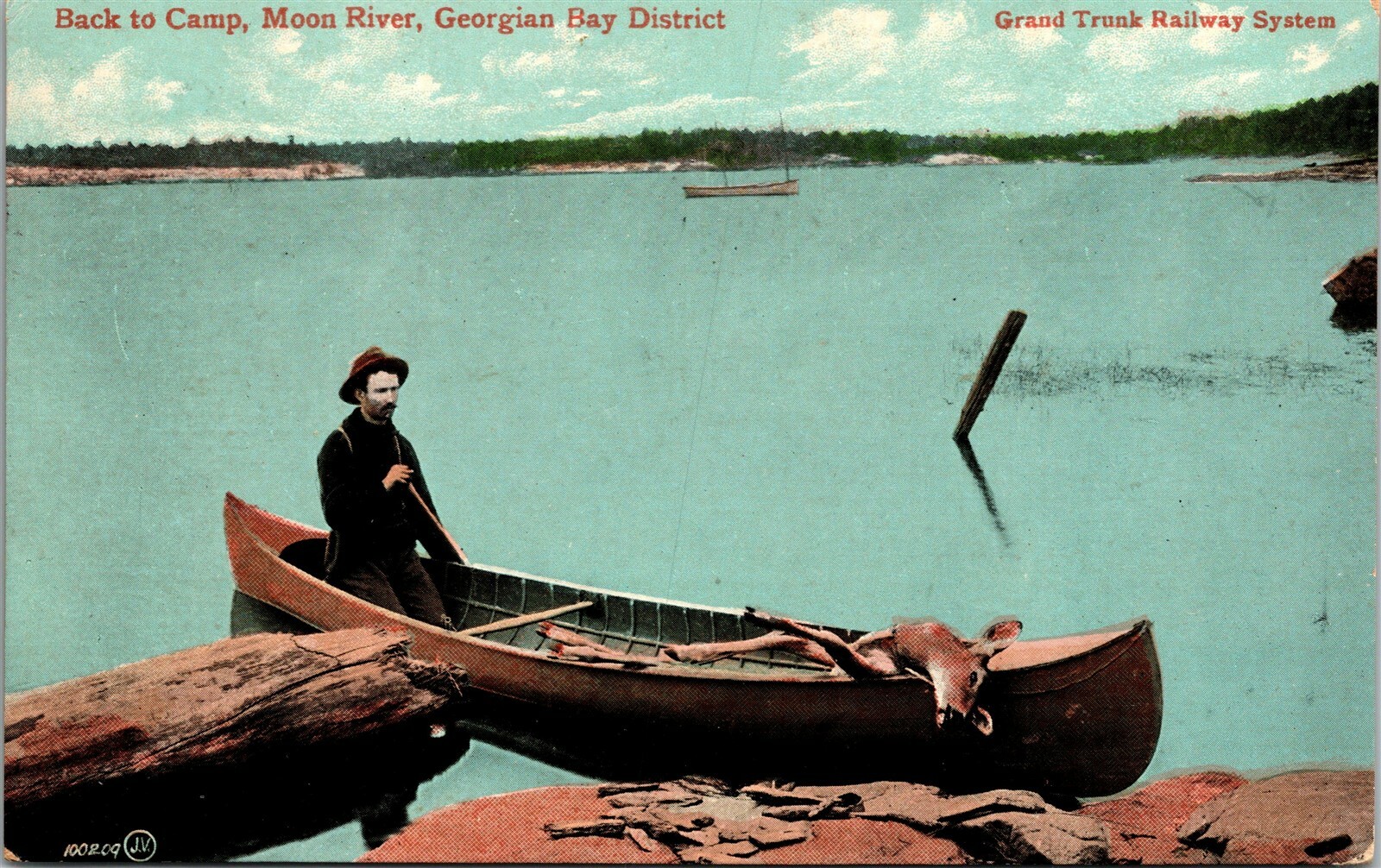 Postcard Moon River Georgian Bay Hunter with Deer in Canoe 1910 M67