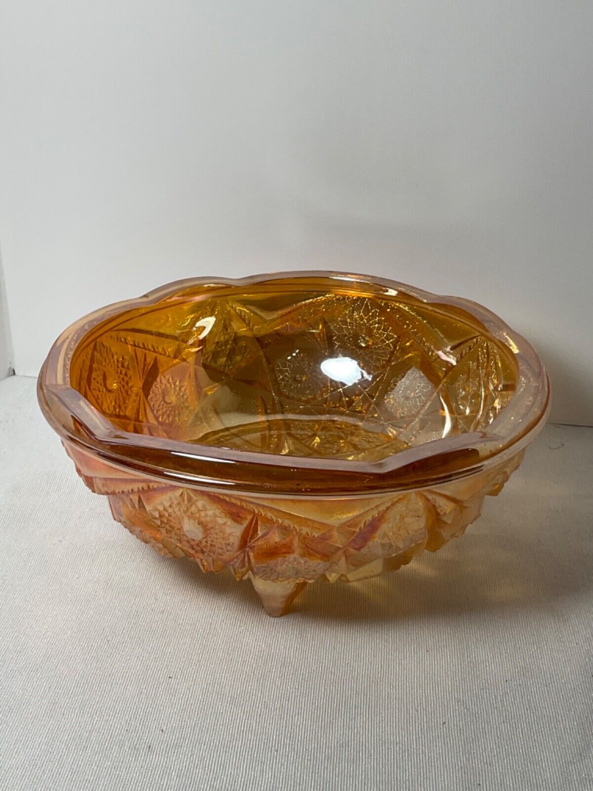 Carnival orange glass decorative various designs 7” footed bowl