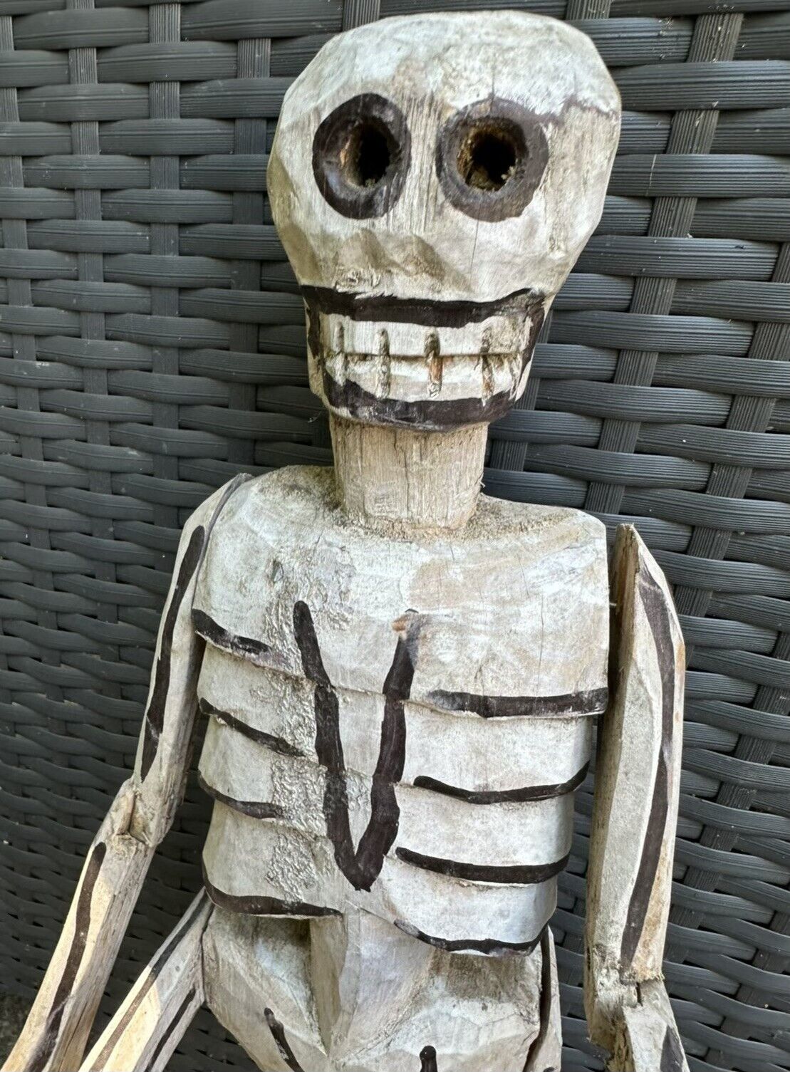 Vintage Carved Wooden Latin American Folk Art Skeleton Statue Rare HTF 21”