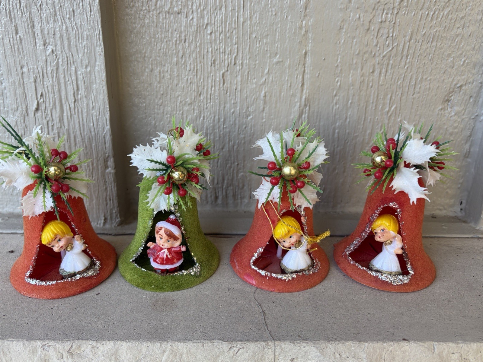 4 Vintage Christmas Angel Red Green Flocked Diorama Bell Ornaments Hong Kong