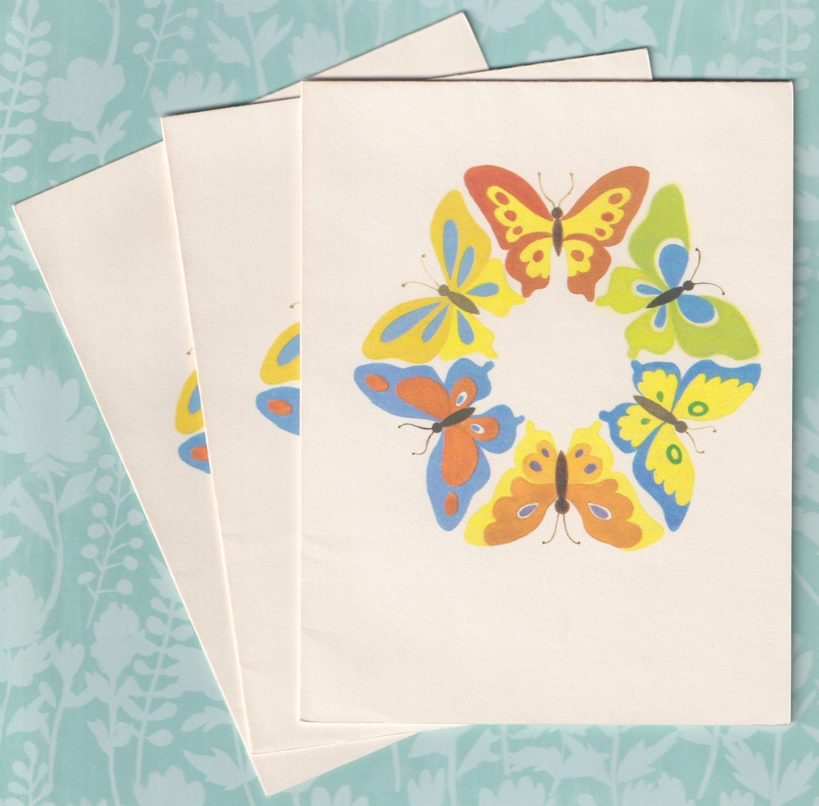 Lot of 3 Vintage Hallmark French Fold Note Cards w/ Butterfly Wreath - Blank