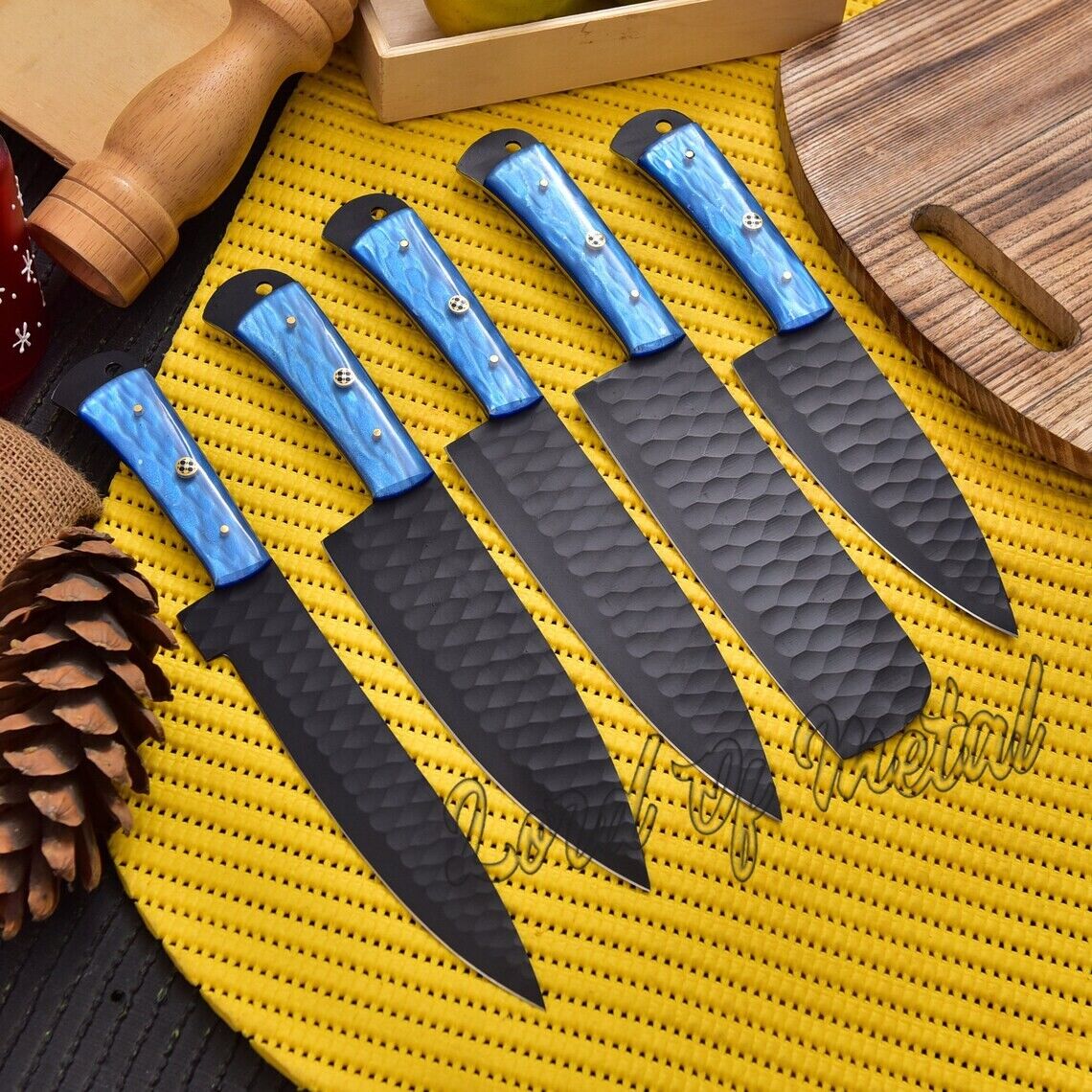 LOM CUSTOM D-2 STEEL HAND CRAFTED CHEF KITCHEN KNIVES SET OF 5 PIECES WITH CASE