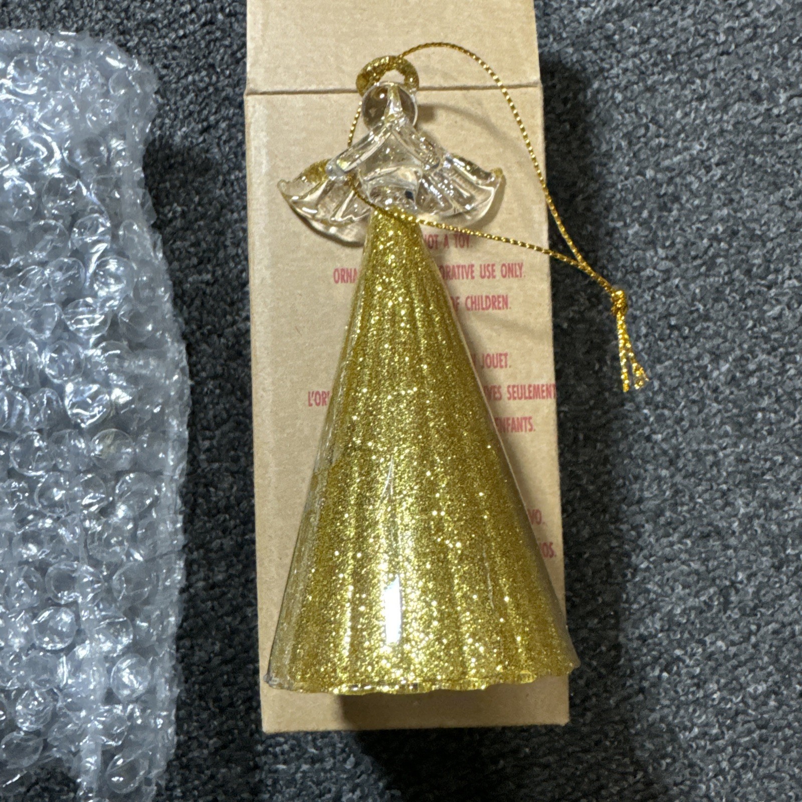 Avon 5.25” Blown glass Christmas ornament angel praying Gold glitter 2016.