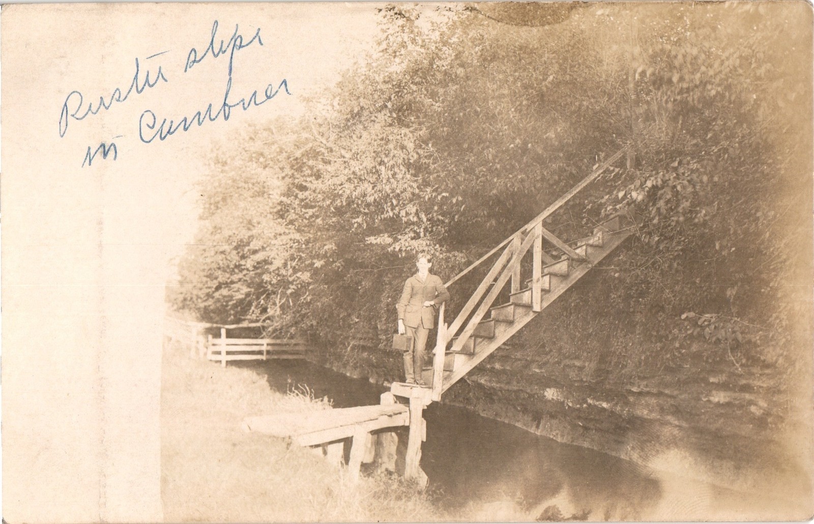 RPPC Man Wooden Stairs Over Gully Stream Cambria Wisconsin 1907 Postmarked