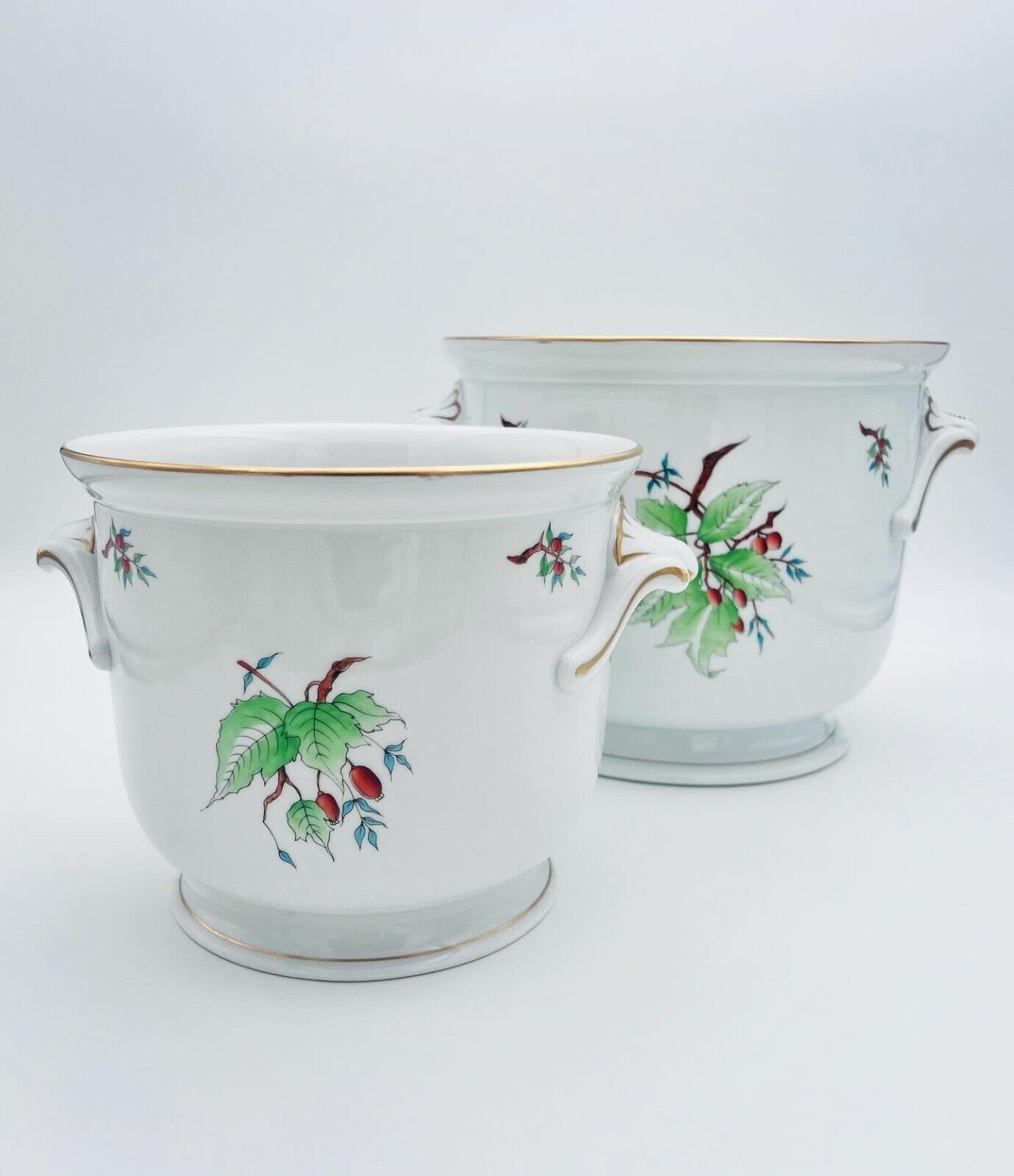 Large Pair HEREND Hungarian Porcelain Cachepot Planter Hand Painted Student Mark