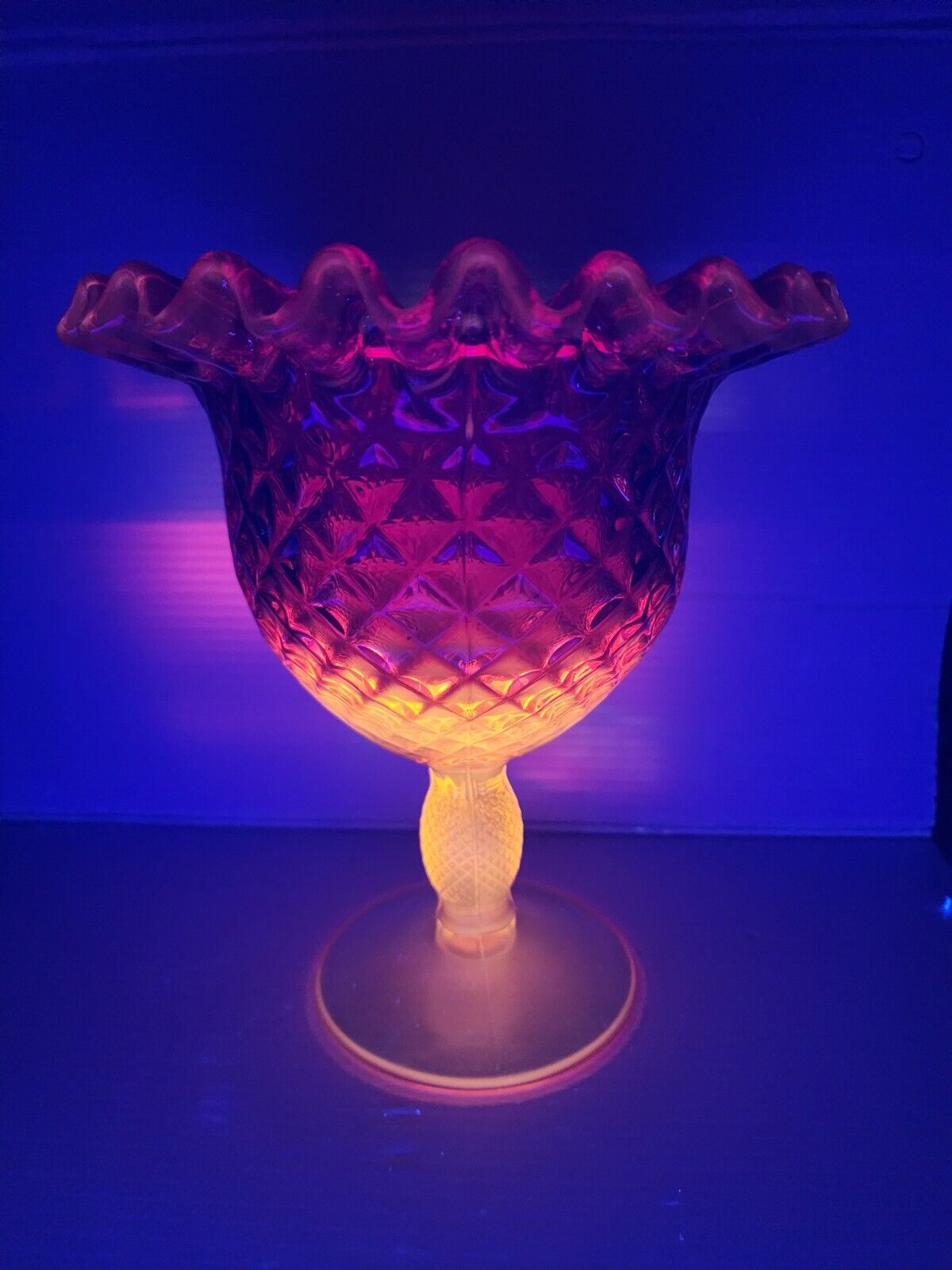 Viking Glass Yesteryear Amberina Cadium Glow Diamond Point Candy Dish UV React