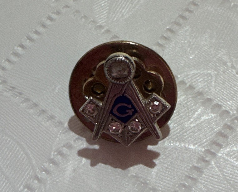 Vtg 14k Masonic Compass Lapel Pin Yellow Gold Silver Tone Blue Diamond Threaded