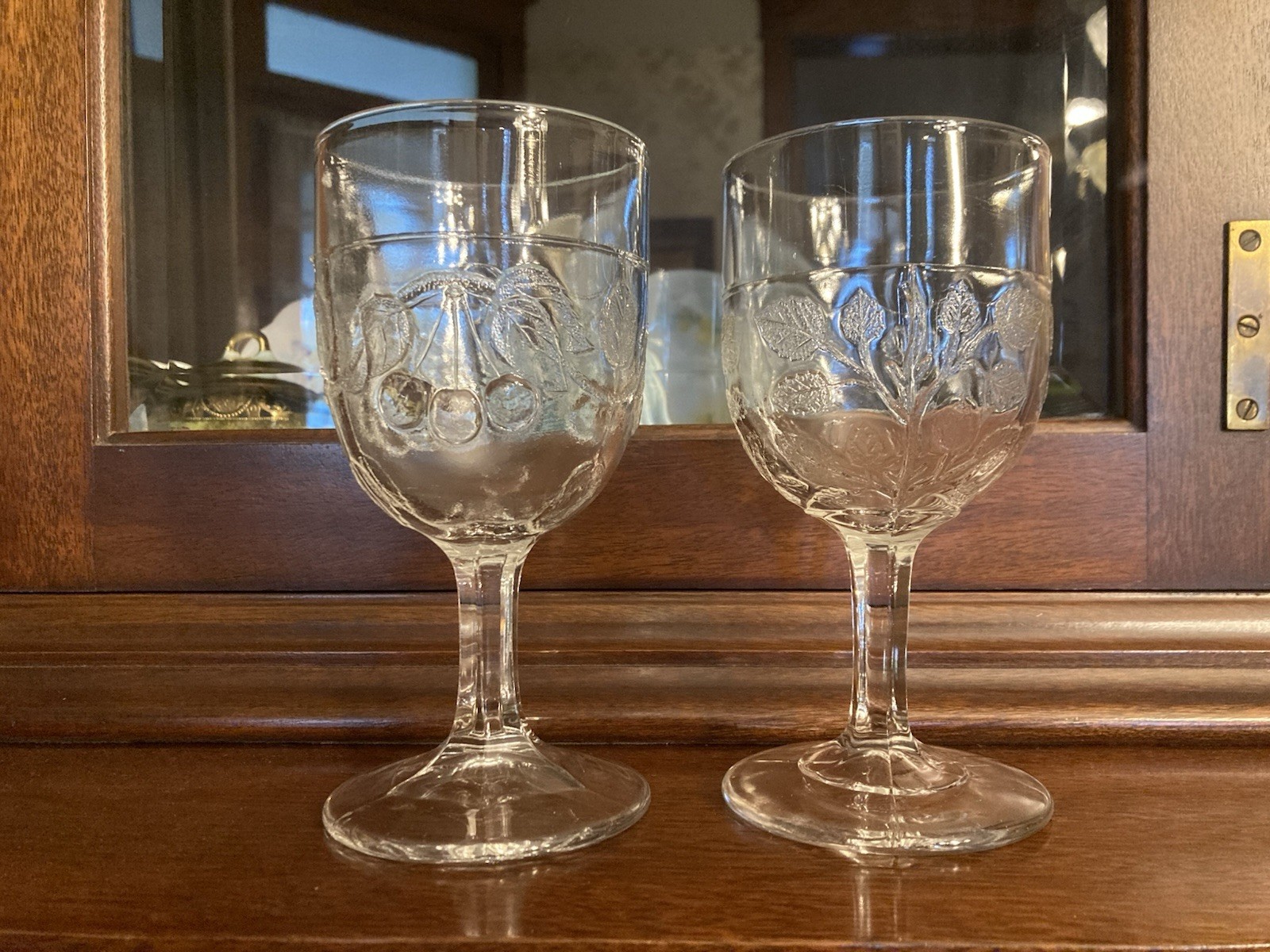 2 Vtg EAPG Goblets-“Cherry”, Bakewell, Pears, & Co. (1870) &Leaves (unknown)-exc