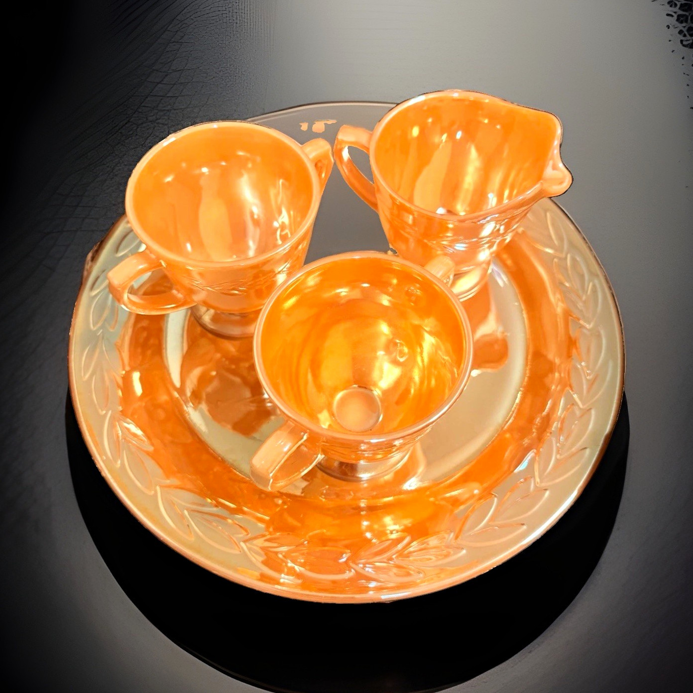 Fire King Orange Iridescent Glass Leaf Creamer & Sugar w/ Plate Tray, 4 pc set