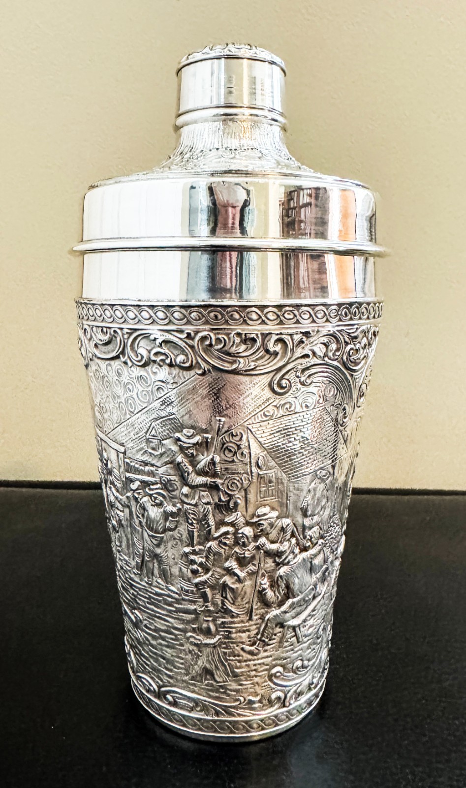 MINT BARBOUR SILVER CO REPOUSSE DUTCH TAVERN SCENE 3855 COCKTAIL SHAKER C 1926