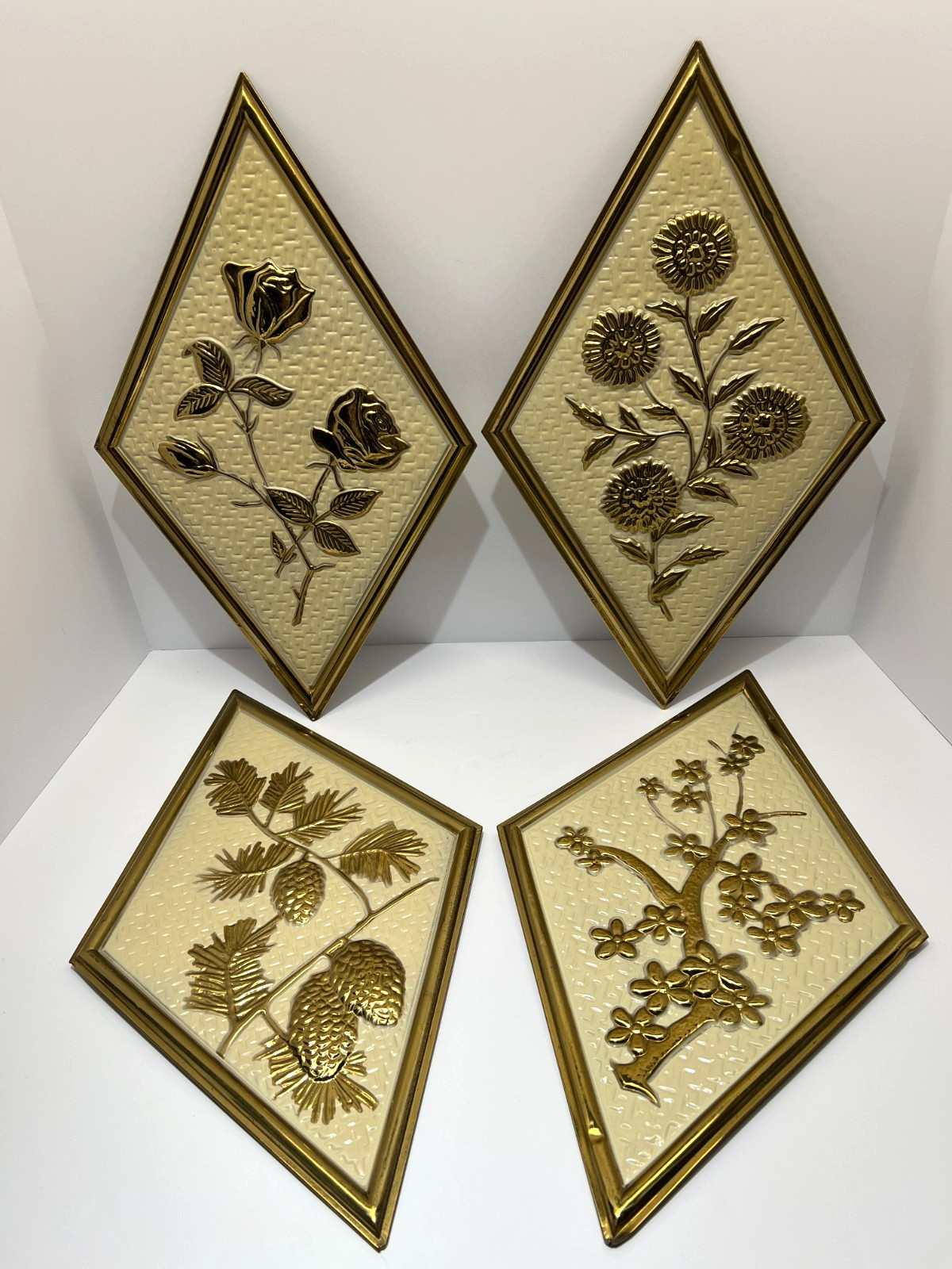 Vintage Dutch Brass Stamped Metal Floral Wall Plaques Made in Holland Set of 4