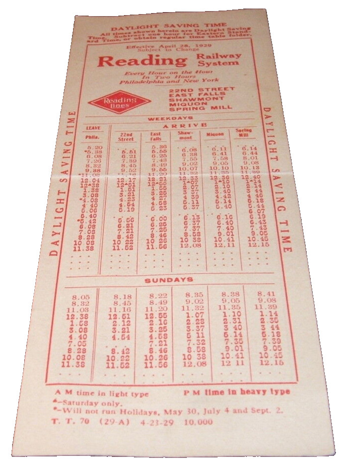 1929 READING COMPANY PHILADELPHIA SPRING HILL PENNSYLVANIA PUBLIC TIMETABLE