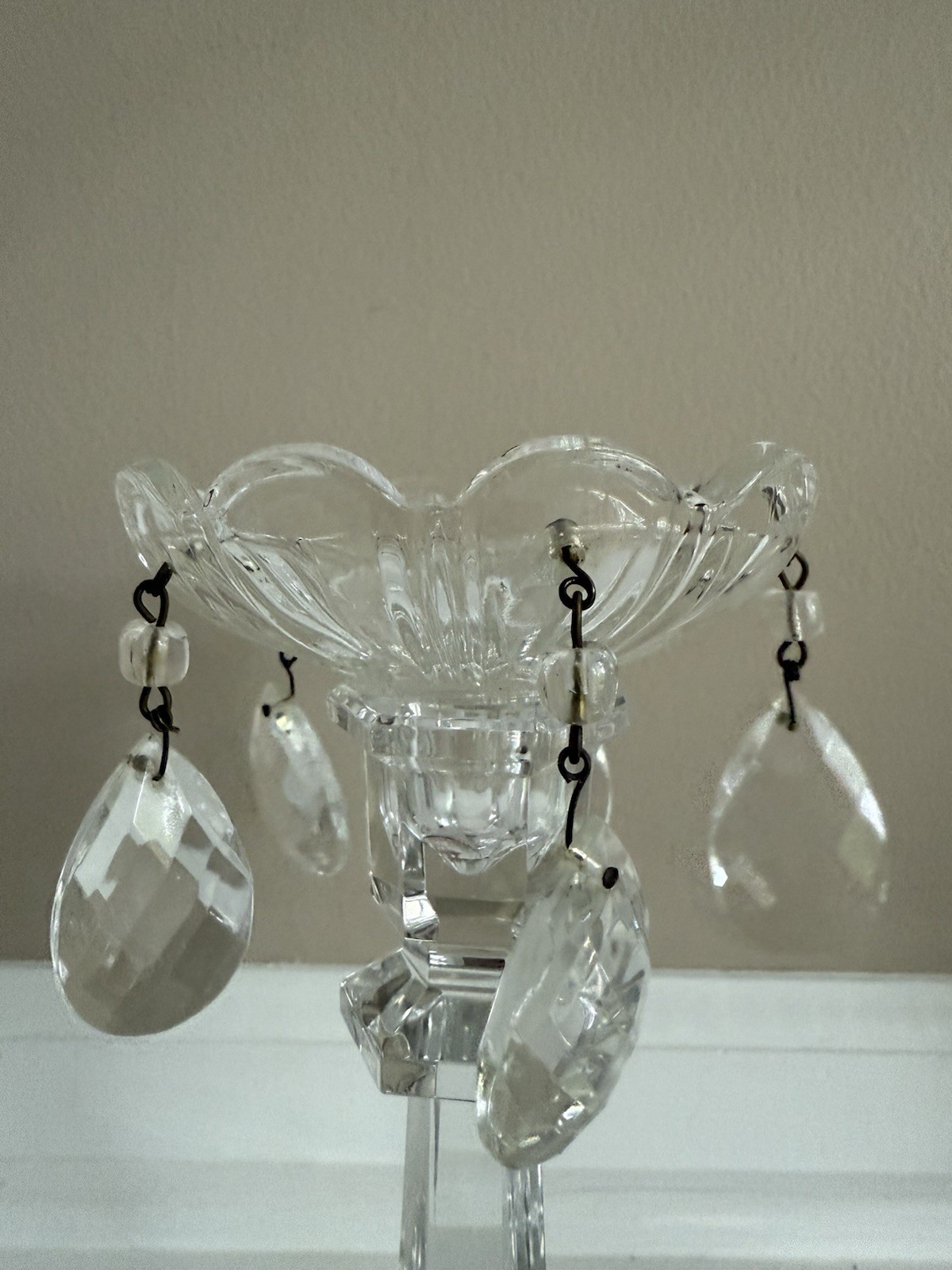 Vintage Heavy Crystal Glass Bobeche W/5  Crystal Prisms 3.75”