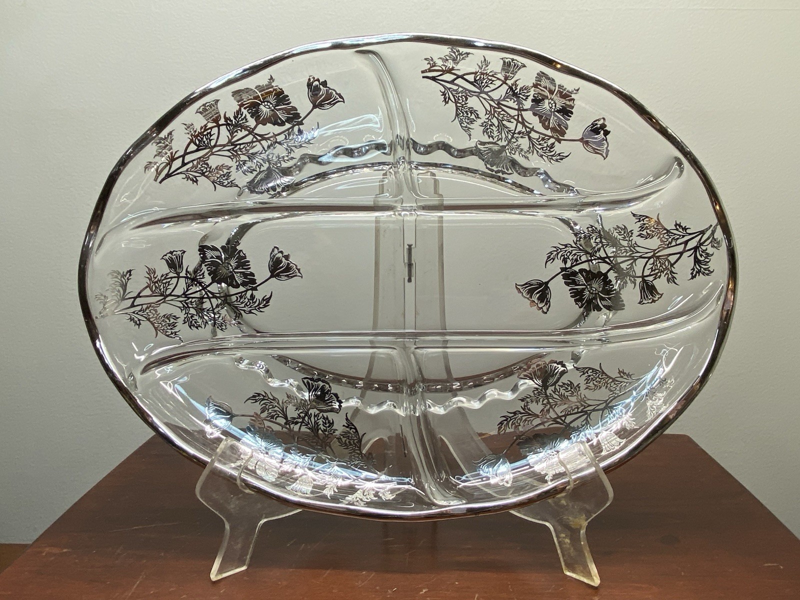 Vintage c1930’s Silver City Flanders Poppy Sterling on Clear Glass Divided Dish