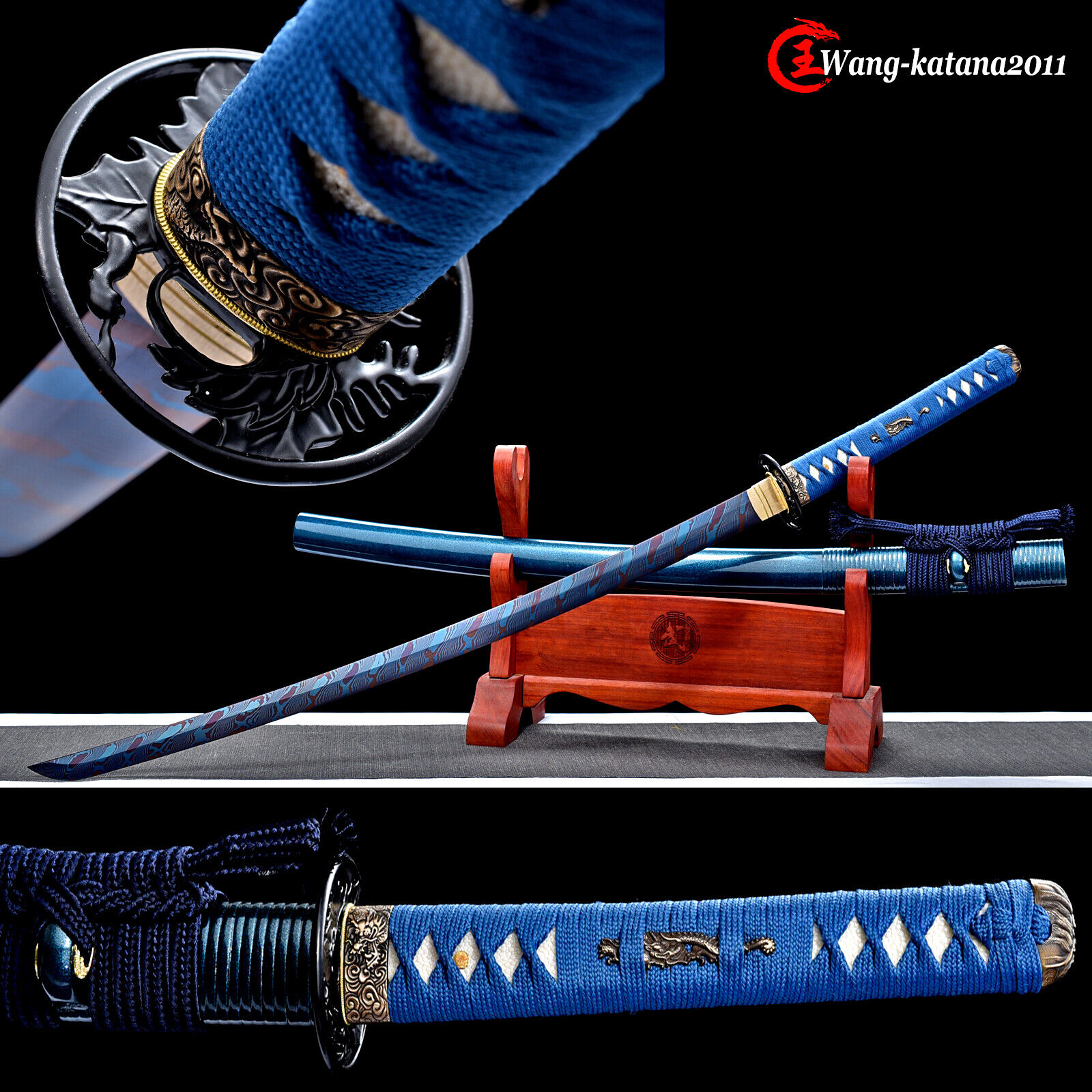 All Blue Katana Damascus Folded T10 Steel Handmade Japanese Samurai Sharp Sword