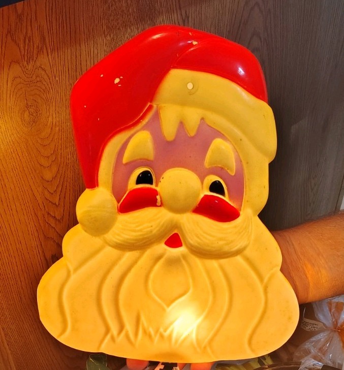 Set Of Two Vintage Lighted Plastic Blow Mold Santa Face Decoration. 1960s.