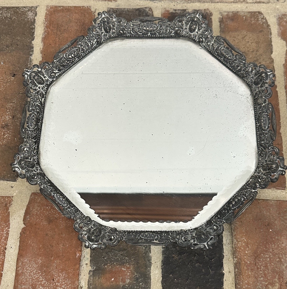 Antique 1900s Ornate Round Beveled Mirrored Vanity Tray Cherubs Scrollwork