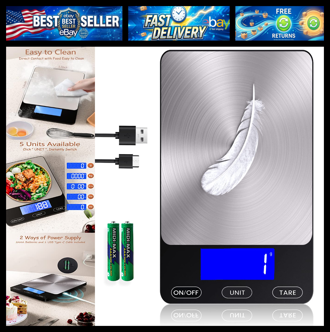 Food Scale -33lb Digital Kitchen Scale for Food Ounces Grams Rechargeable 304 St