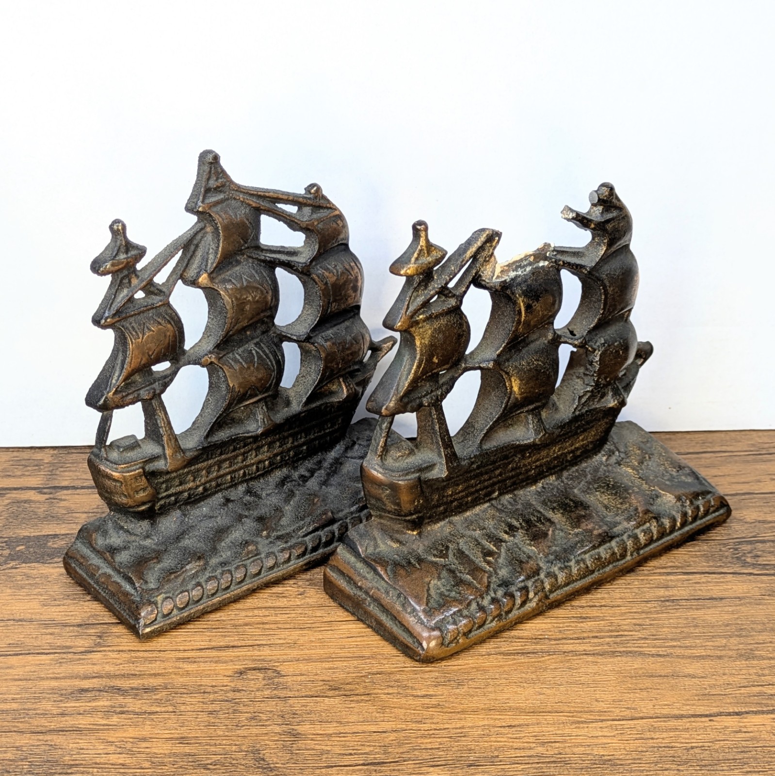 Vintage - 1920s Cast Iron USS Constitution Ship Bookends, One Damaged*