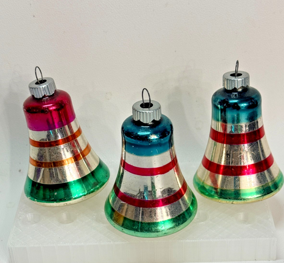 Vtg Shiny Brite Glass Bell Christmas Ornaments Striped USA Set of 3 1950s 2.75\