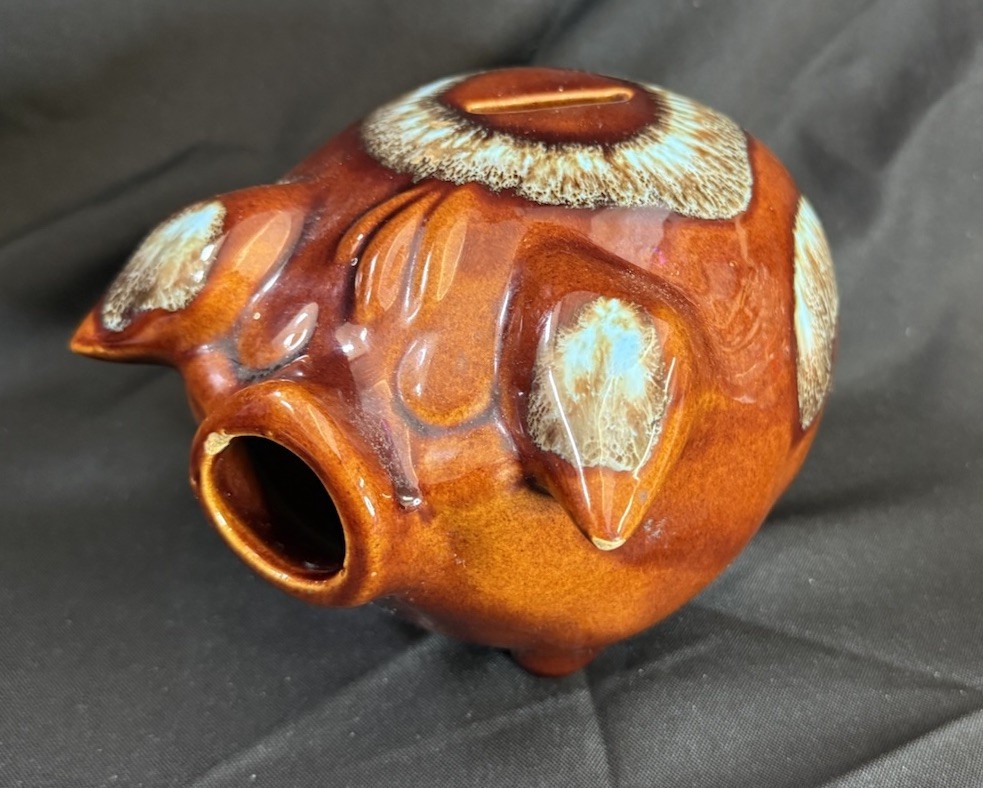 Vintage Hull Pottery USA Corky Pig Brown And Blue Piggy Bank Missing Snout Cork