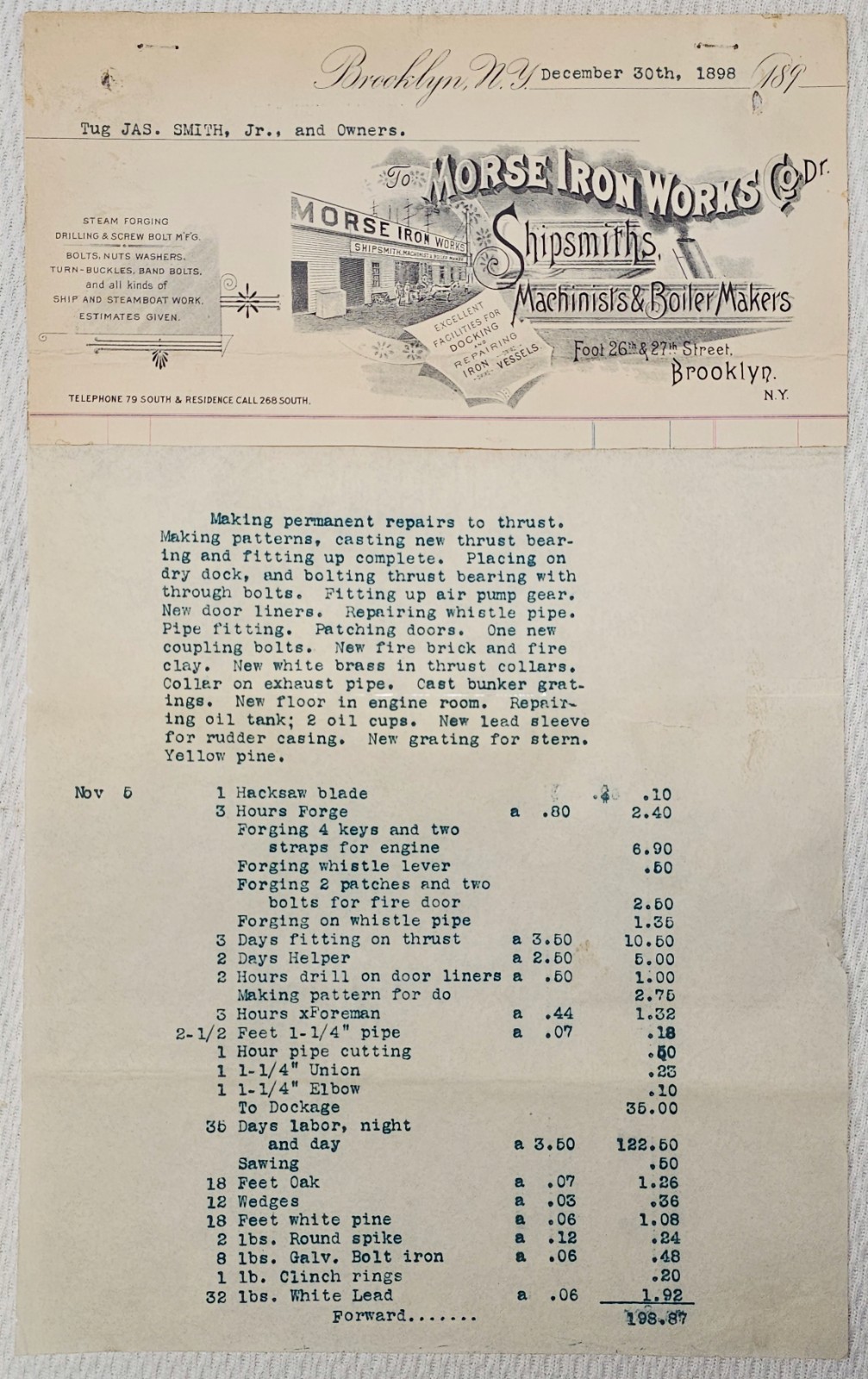 Antiquarian Dec 1898 Bill of Lading Letterhead Machinist Steamships Boilermakers