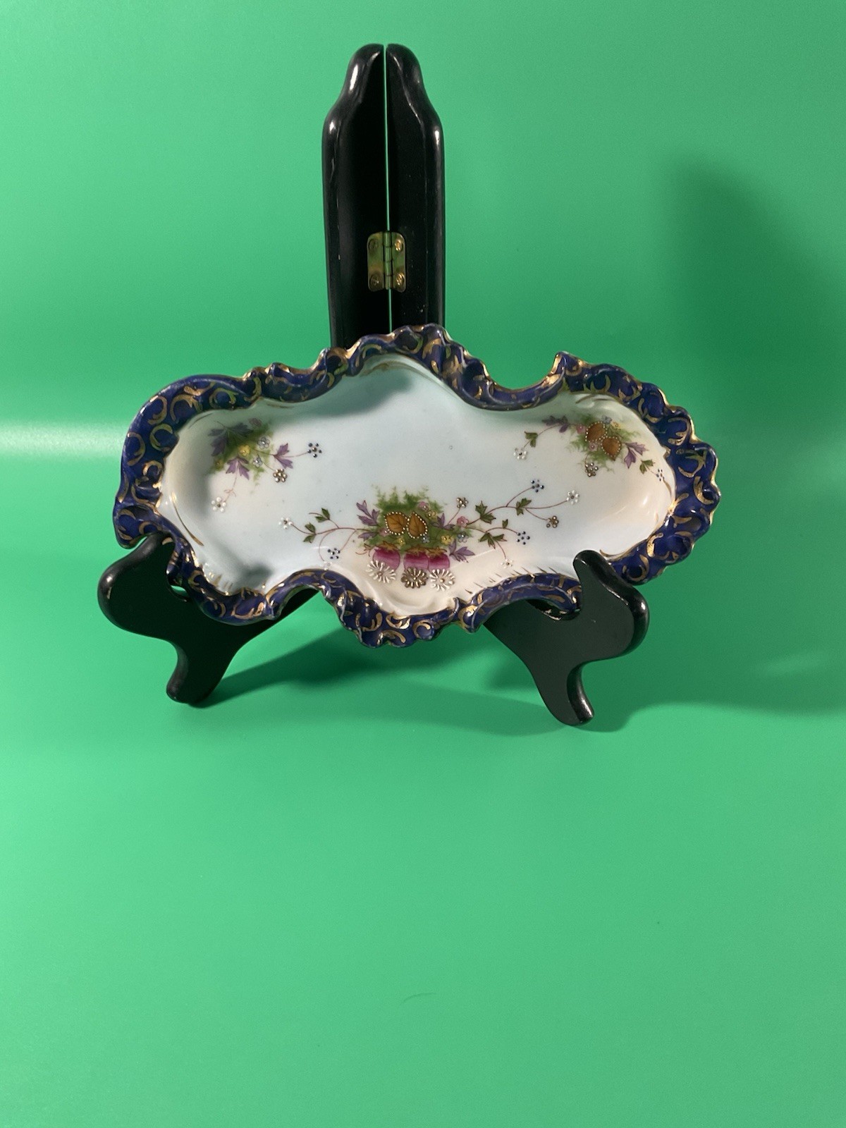 Pretty Antique Ornate Cobalt Blue & Gold Trinket Dish Scalloped