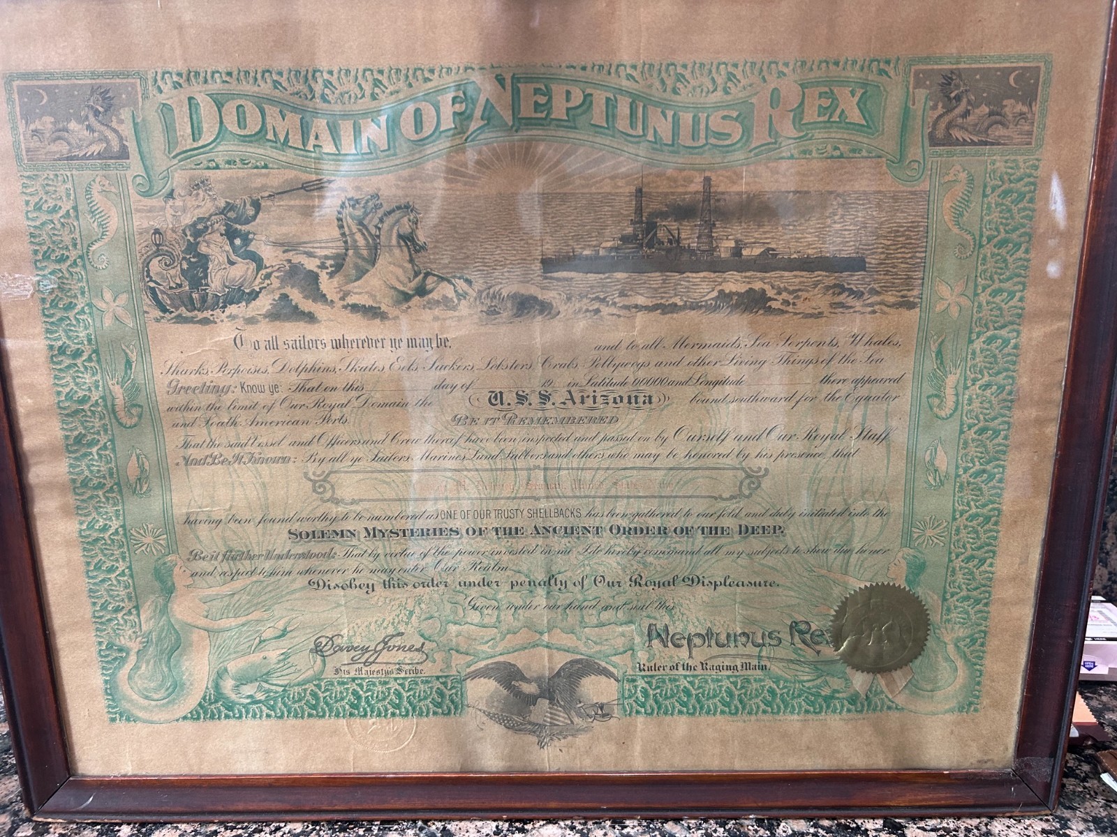 1921 USS Arizona Shellback Certificate – Domain of Neptunus Rex – Rare Pre‑Pearl