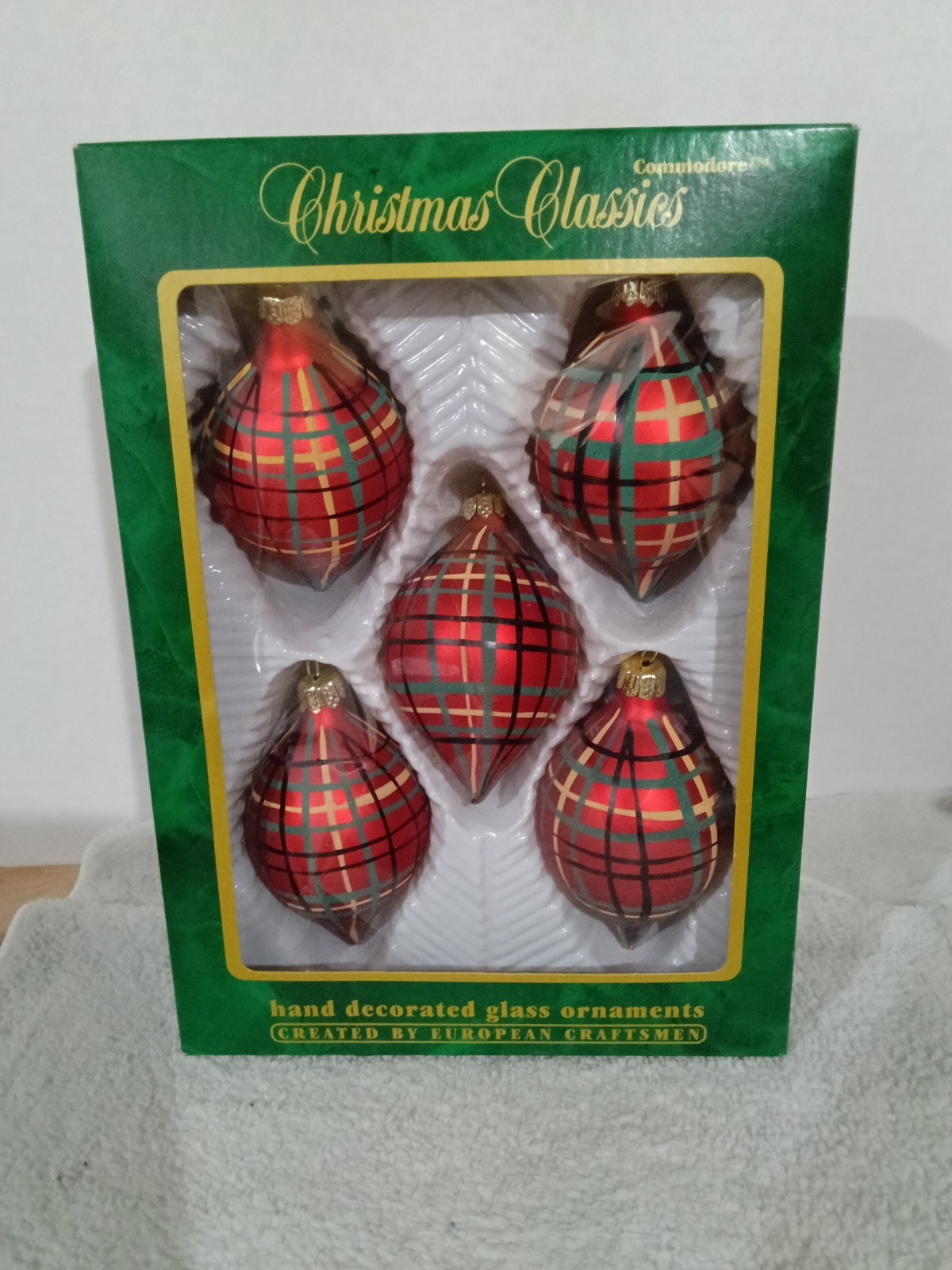 Vintage Christmas Classics Glass Ornaments Plaid Tartan Drops Commodore NOS Box