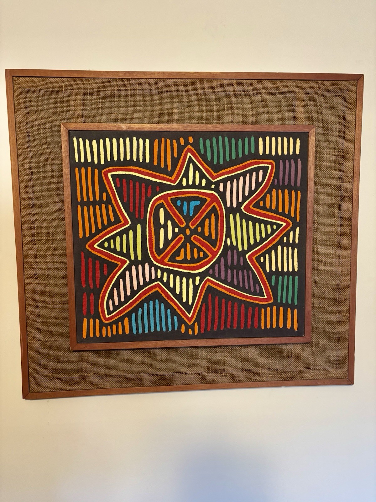 Vintage Kuna Mola Textile Art Framed Hand-Stitched Reverse Appliqué 27x25 1960\'s