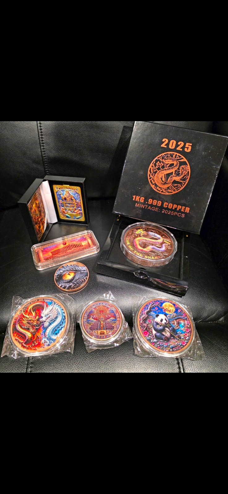 2025 1kg .999 Copper Round , 2- 10 Oz Rounds, 1- 10oz Bar, 2- 5 Oz Rounds, 1-5oz