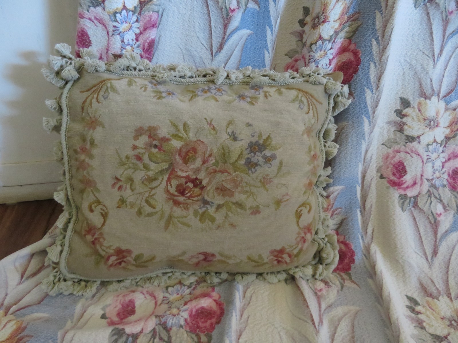 Gorgeous Aubusson style Needlepoint HUGE Pillow ROSES & SCROLLS w Down Insert