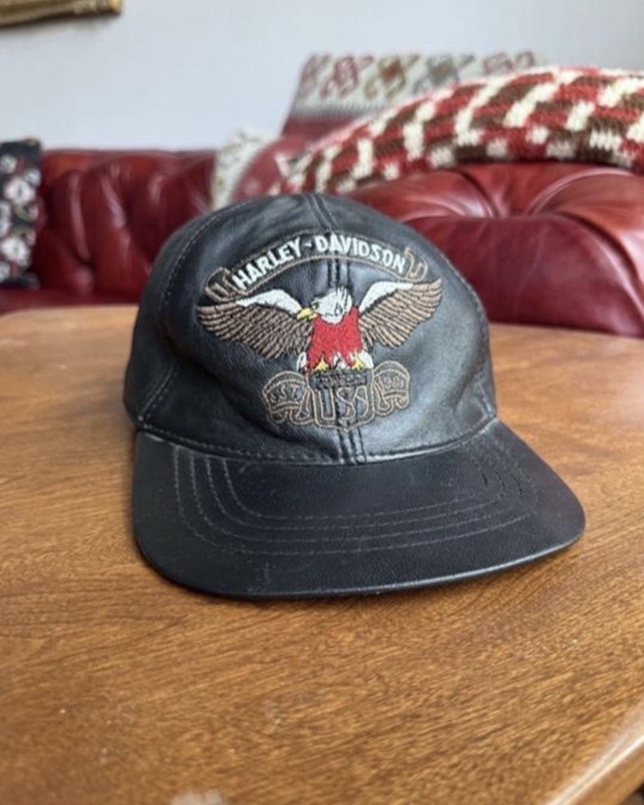 Vintage 90s Harley Davidson Embroidered Eagle Leather Hat