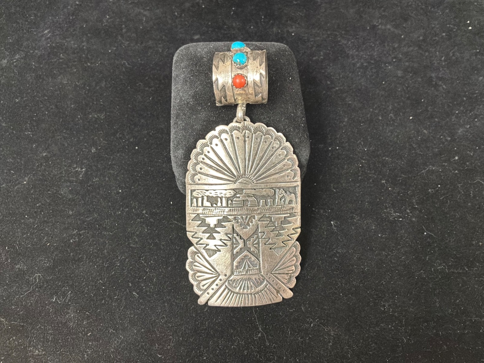 LARGE Signed ALCOTT Navajo Sterling Silver Story Telling  Pendant 3 1/4” long